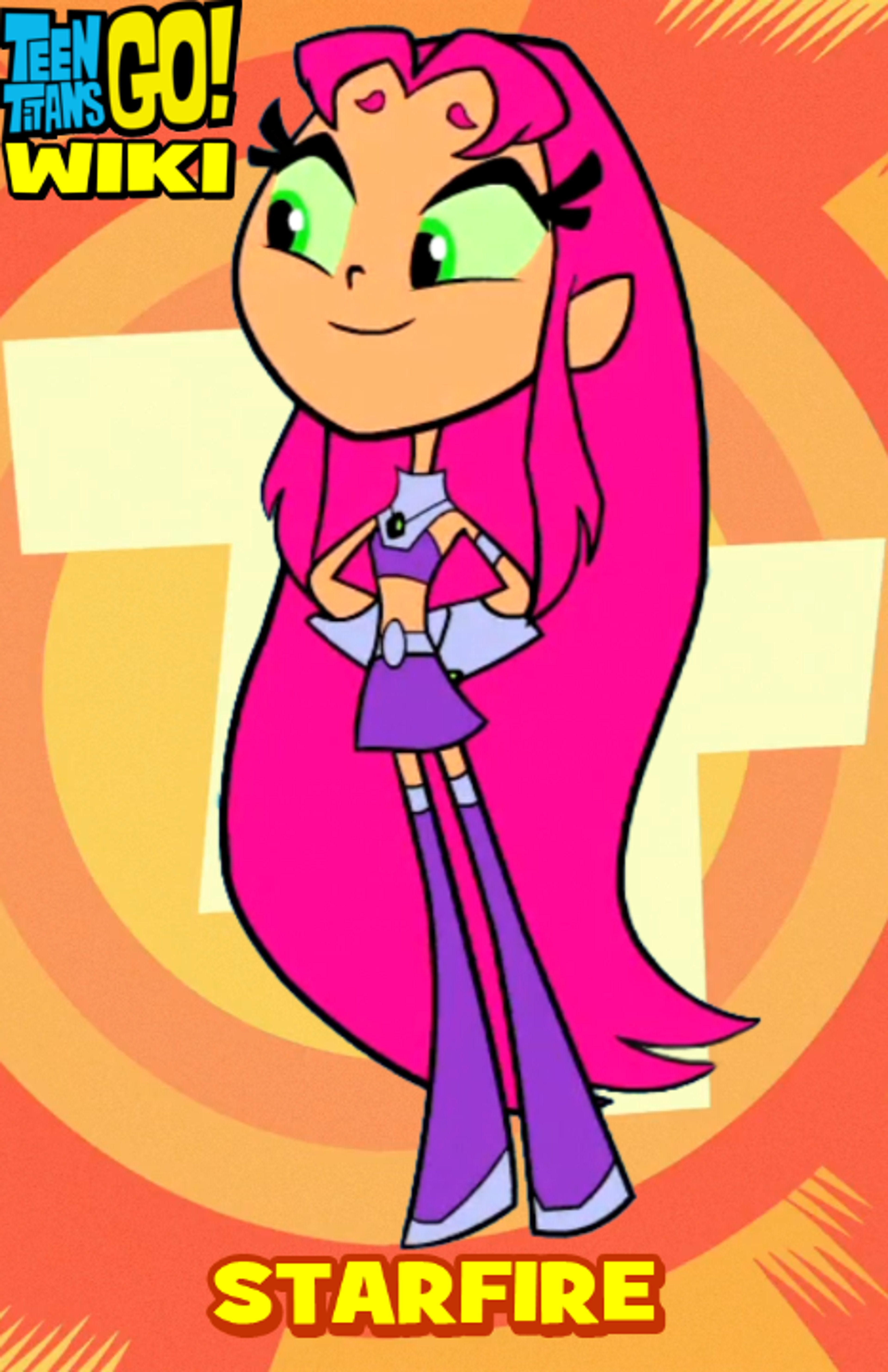 A female character with pink hair, green eyes, and orange skin wearing a purple two-piece outfit.