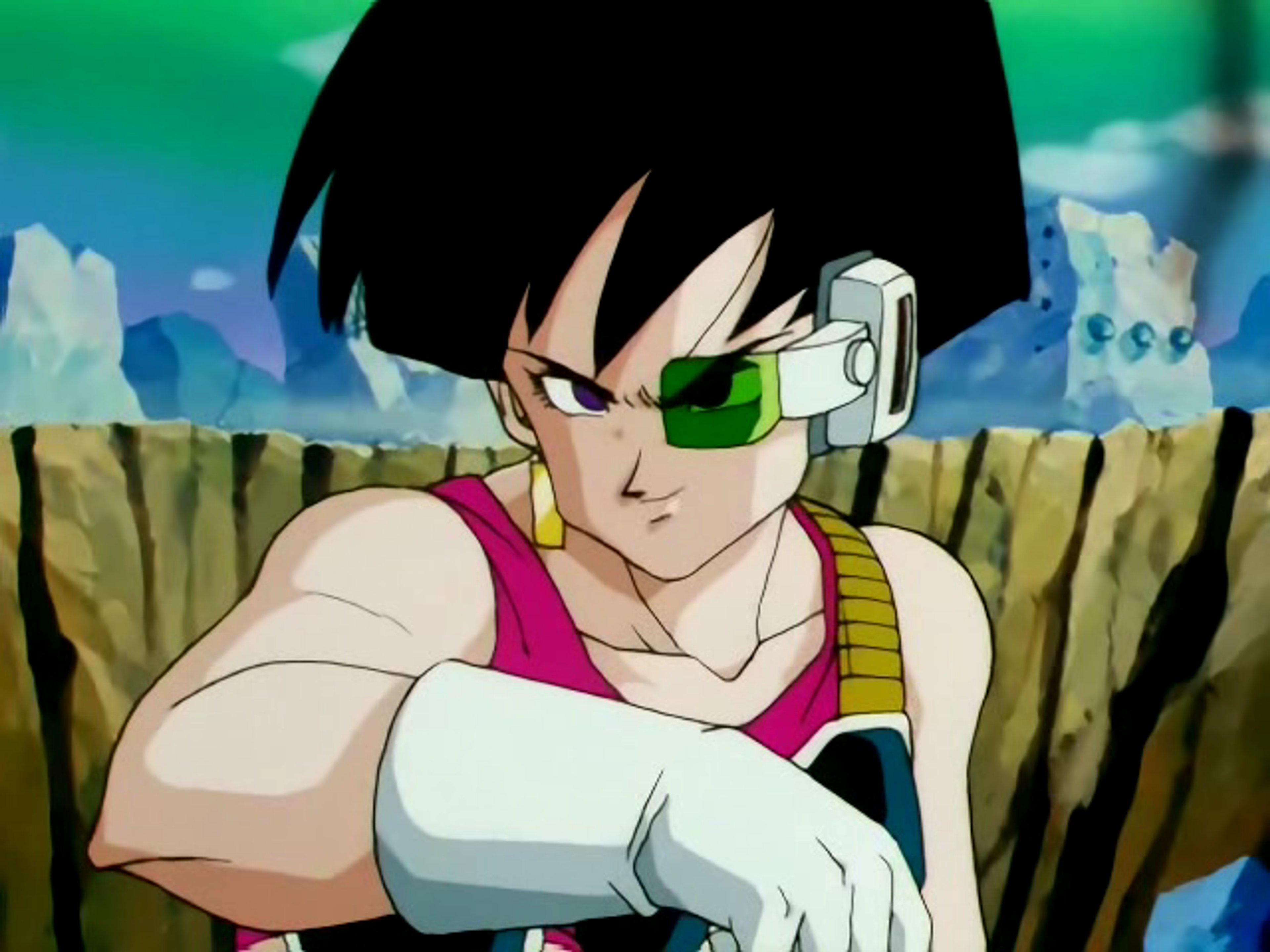 An anime-style character with short, spiky black hair and fierce purple eyes, wearing Saiyan battle armor.