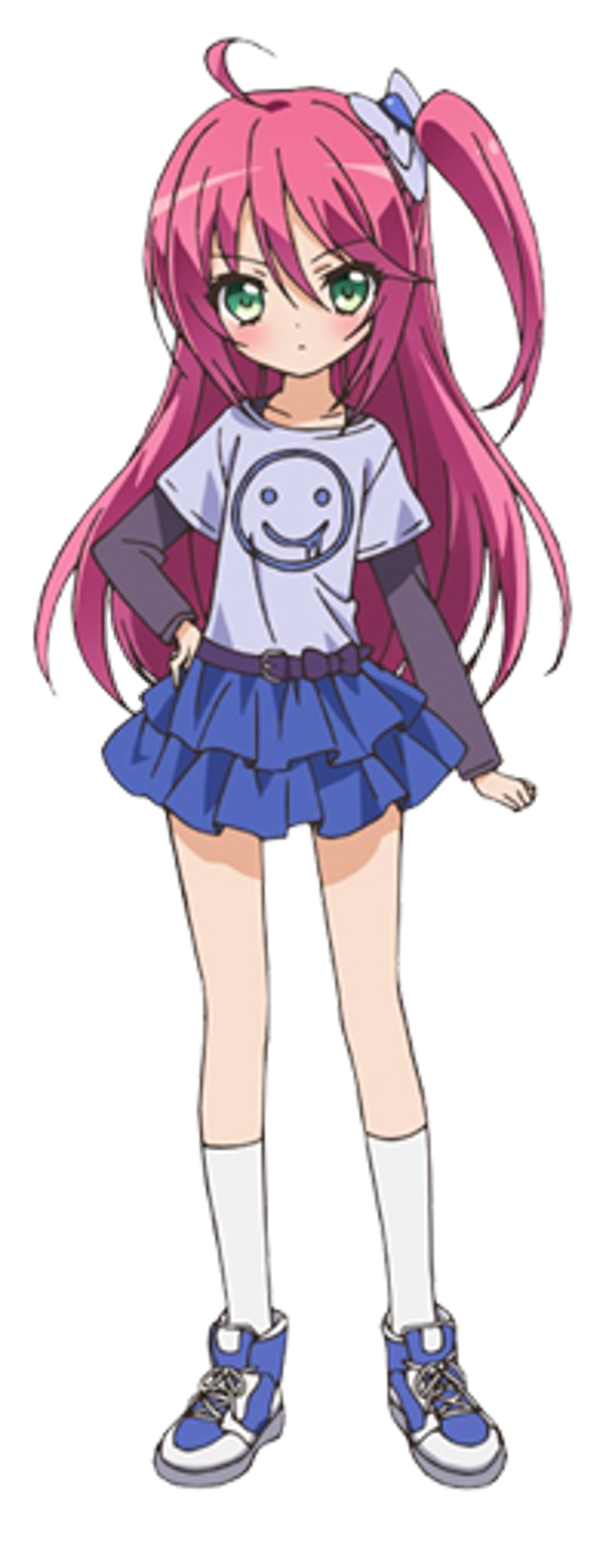 An anime-style character with pink hair and green eyes, wearing a white t-shirt, blue skirt, and blue sneakers.