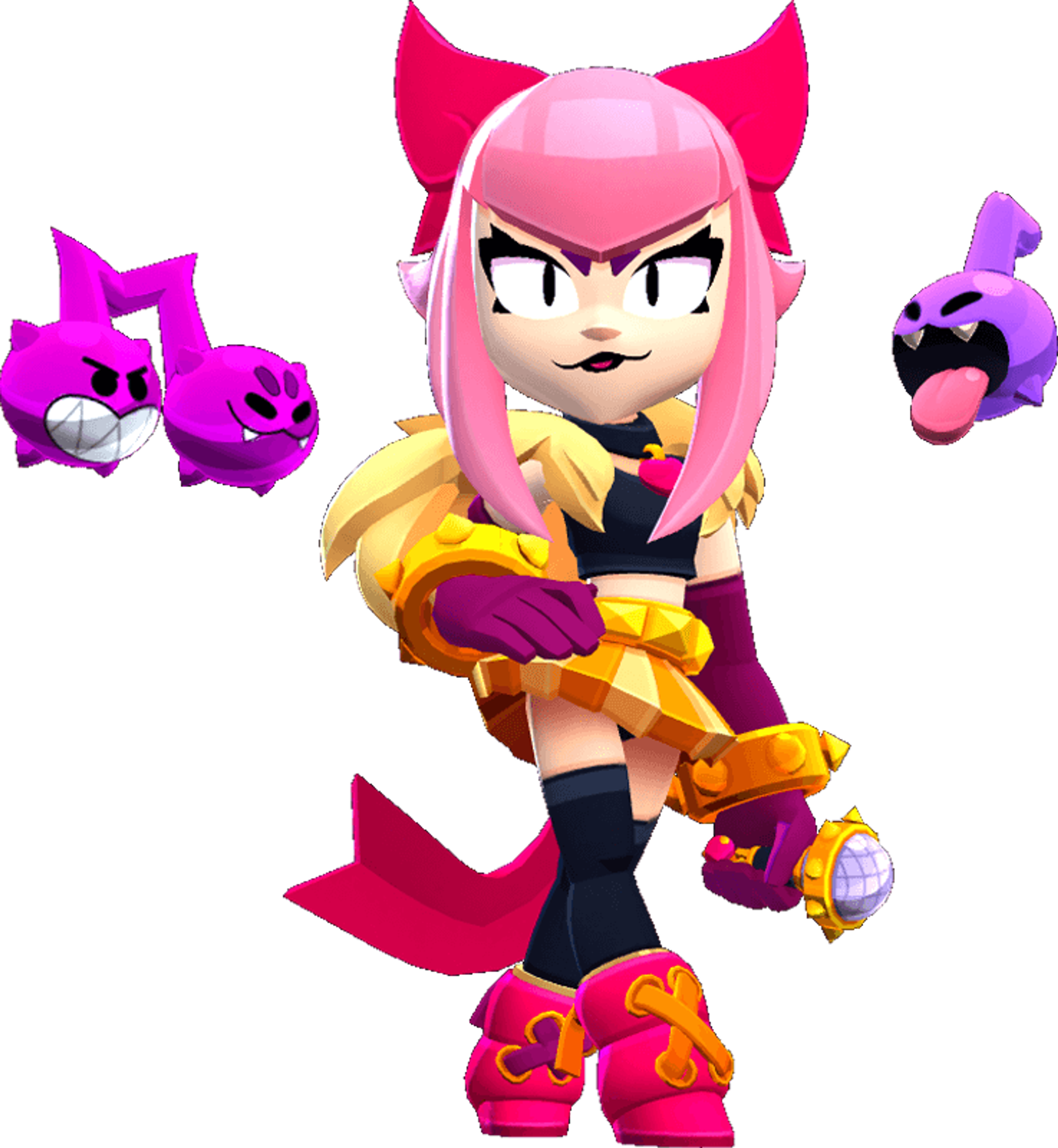 A female character with pink hair, horns, and a confident expression, holding a weapon or device.