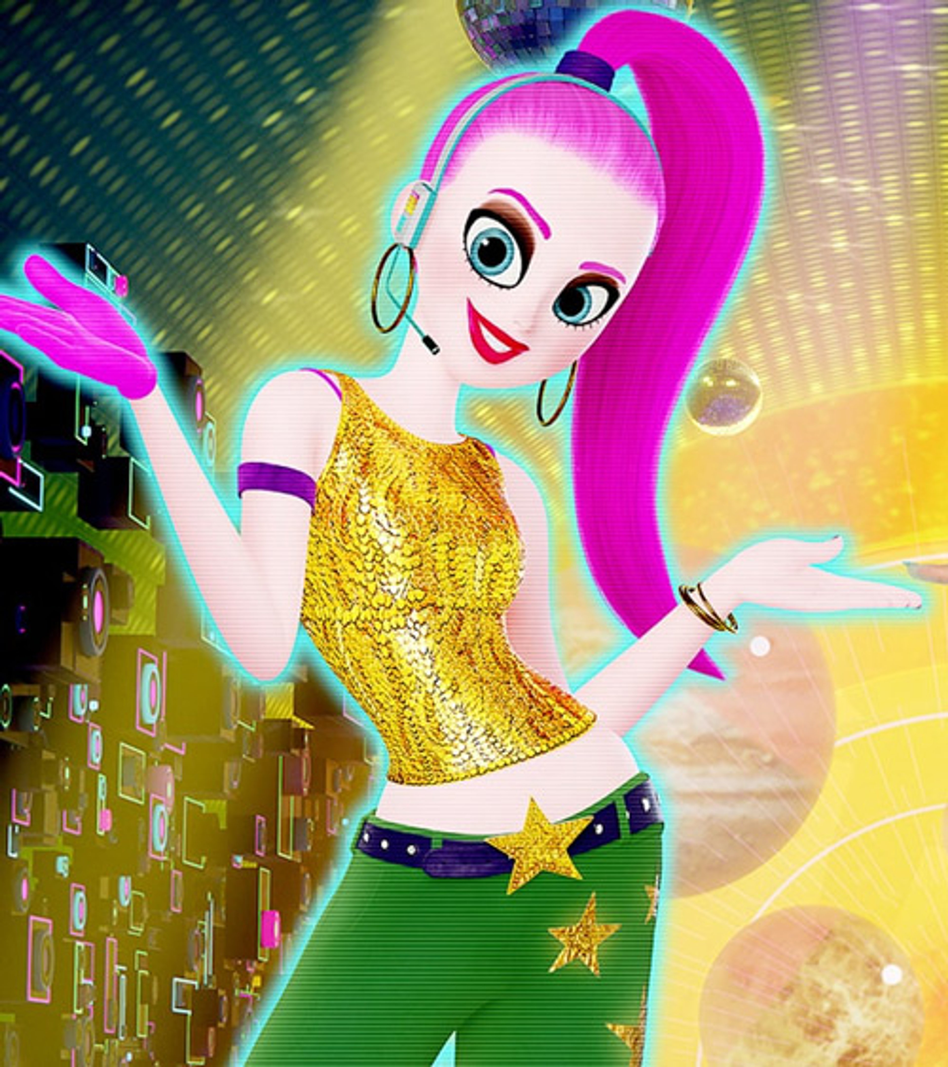 An animated female character with pink hair, blue eyes, and a gold sequined top, dancing in a vibrant digital environment.
