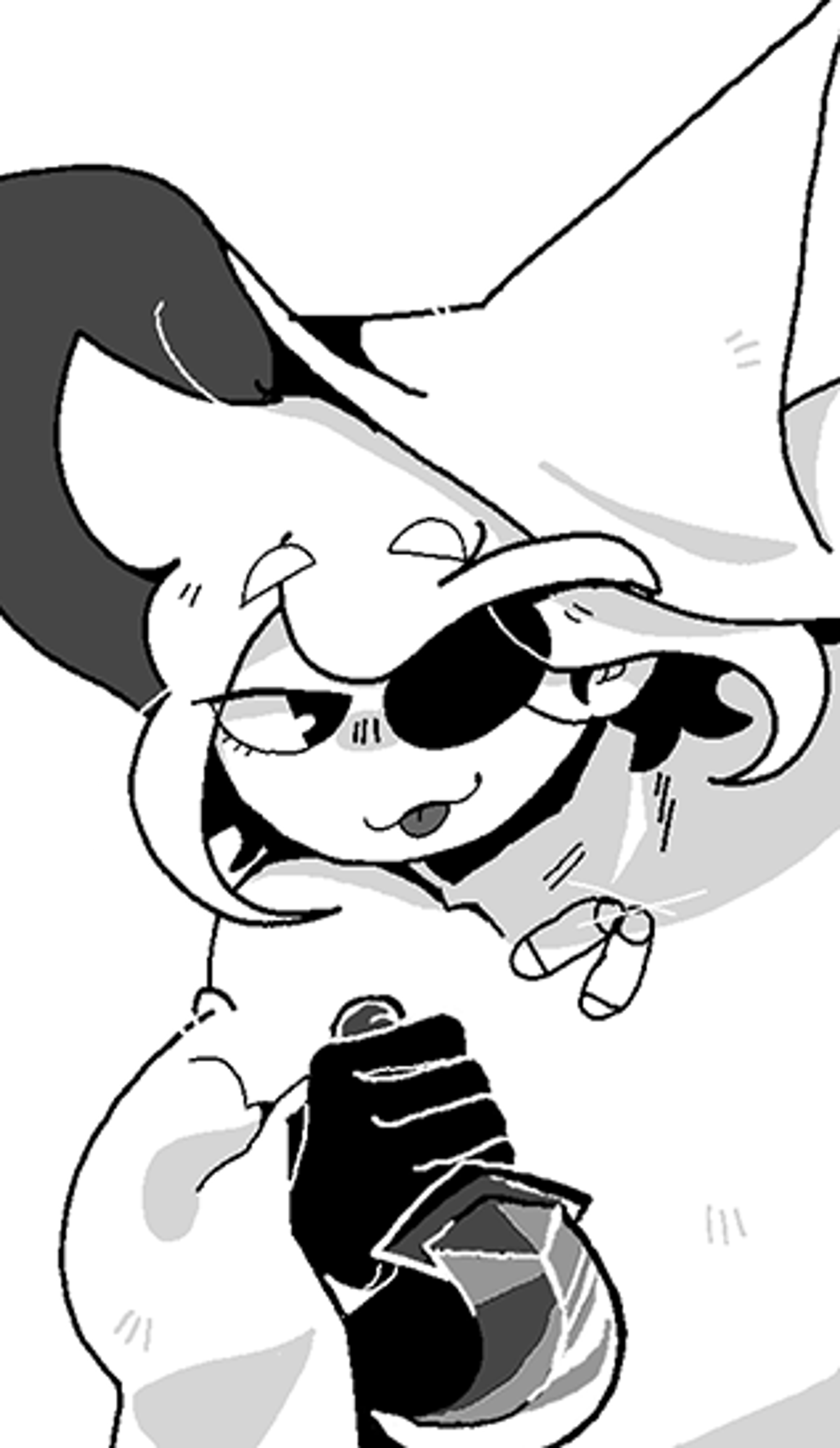 A scrawny, white-haired young man with an eyepatch and a pair of scissors