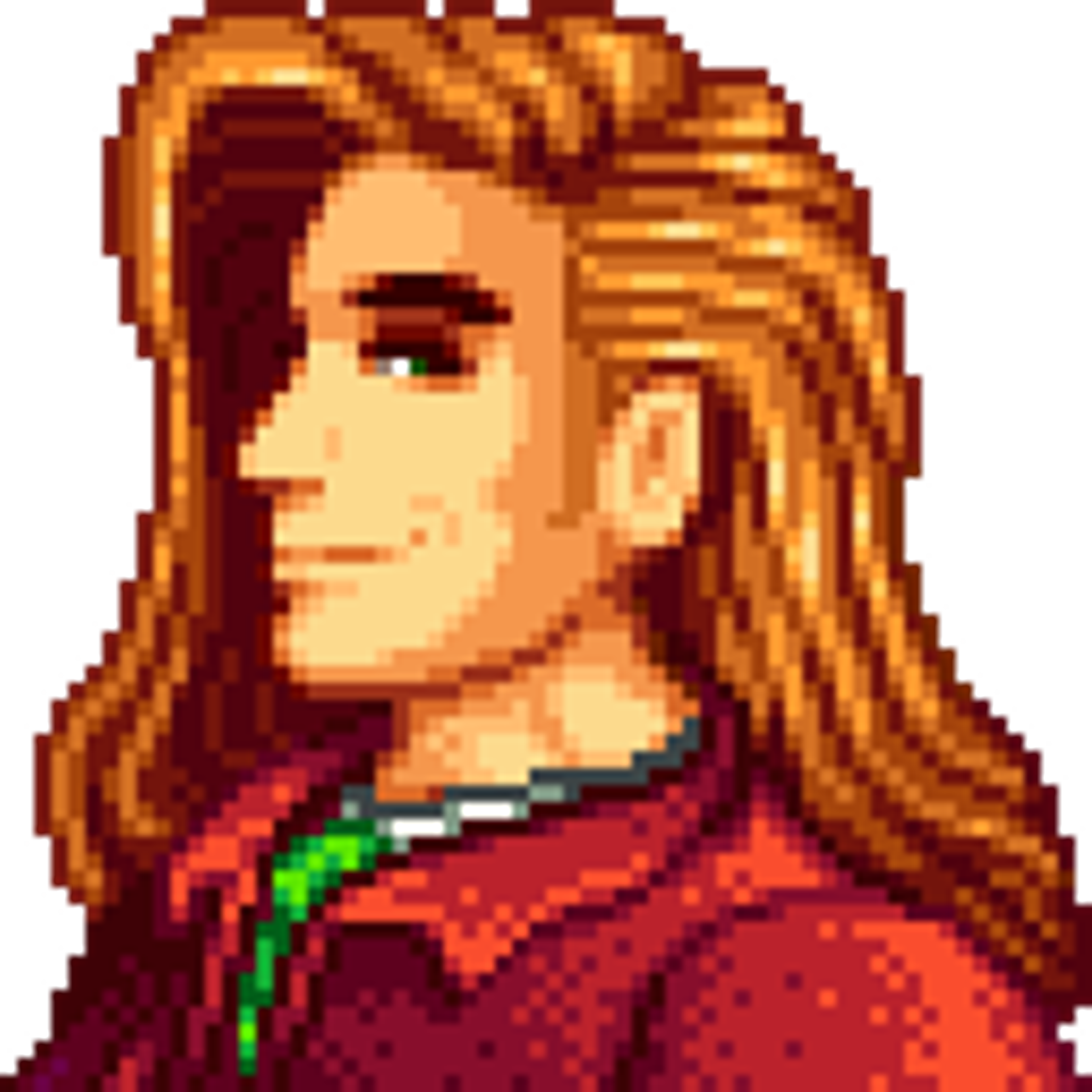 A pixel art portrait of a man with long auburn hair and refined features, wearing a red jacket and green scarf.