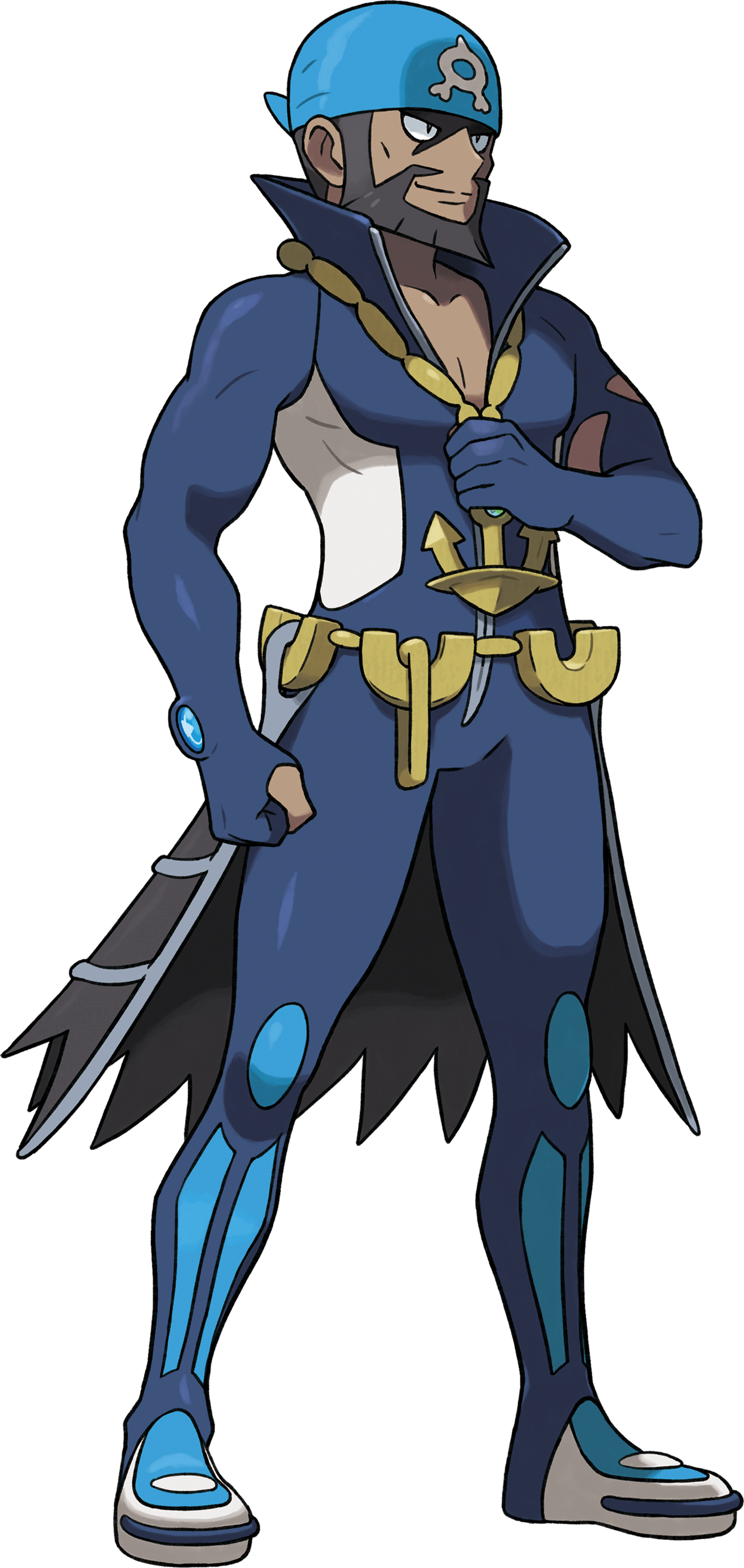 A muscular man in a blue uniform with a Team Aqua logo, holding a sword