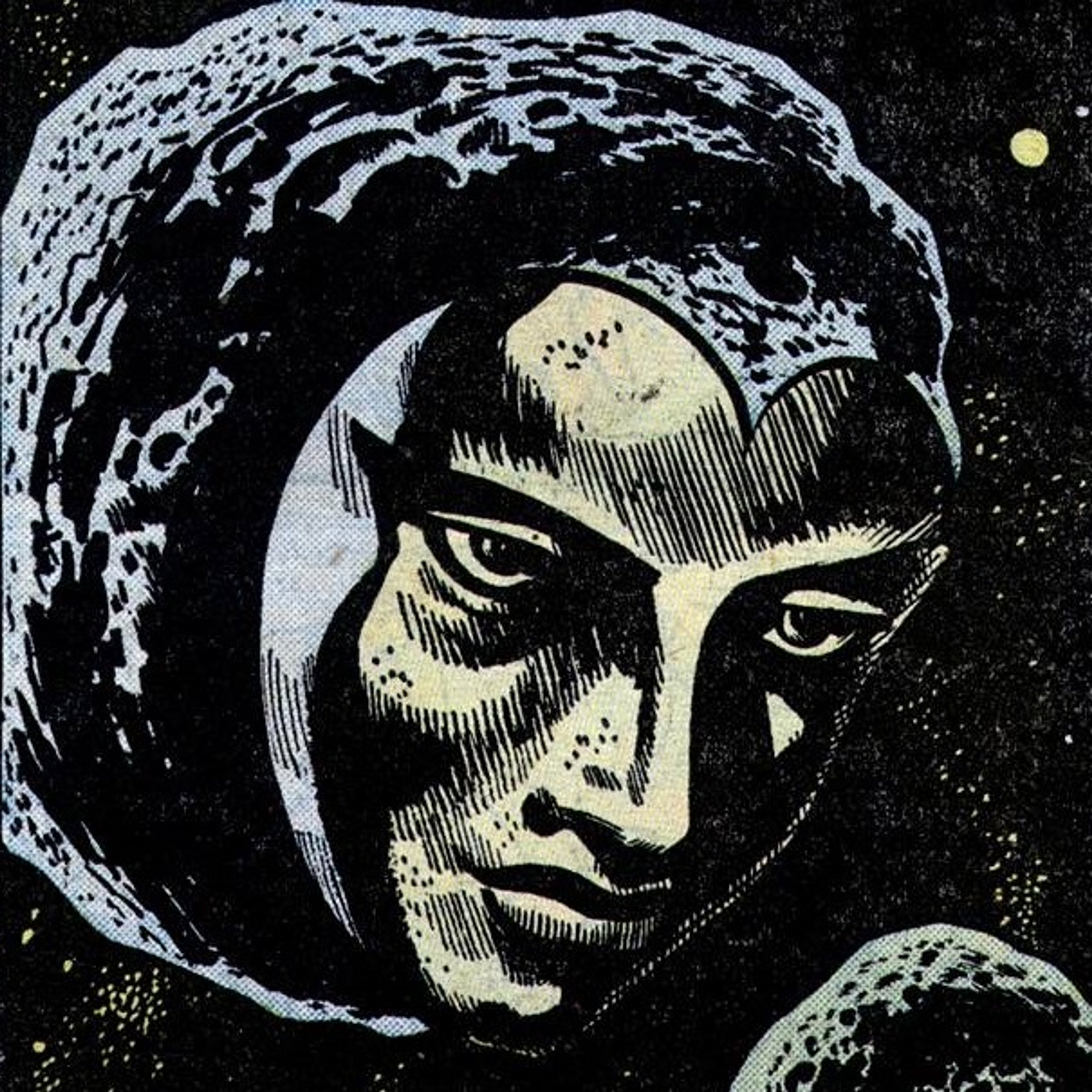 A detailed, stylized portrait of a mysterious, alien-looking woman's face against a dark, starry background.