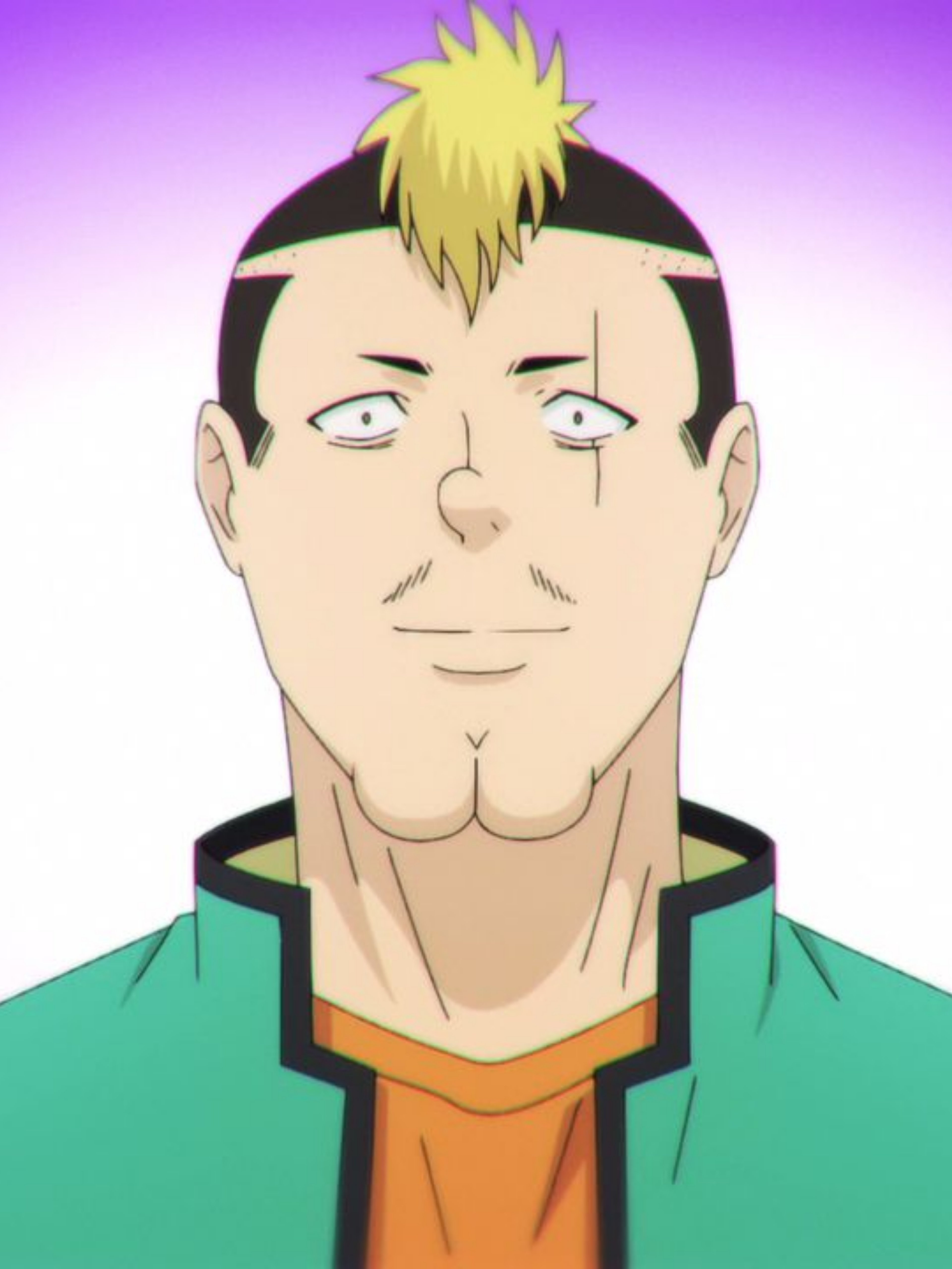 An anime-style character with spiky blond hair, a scar, and a muscular build wearing a green jacket and orange shirt.