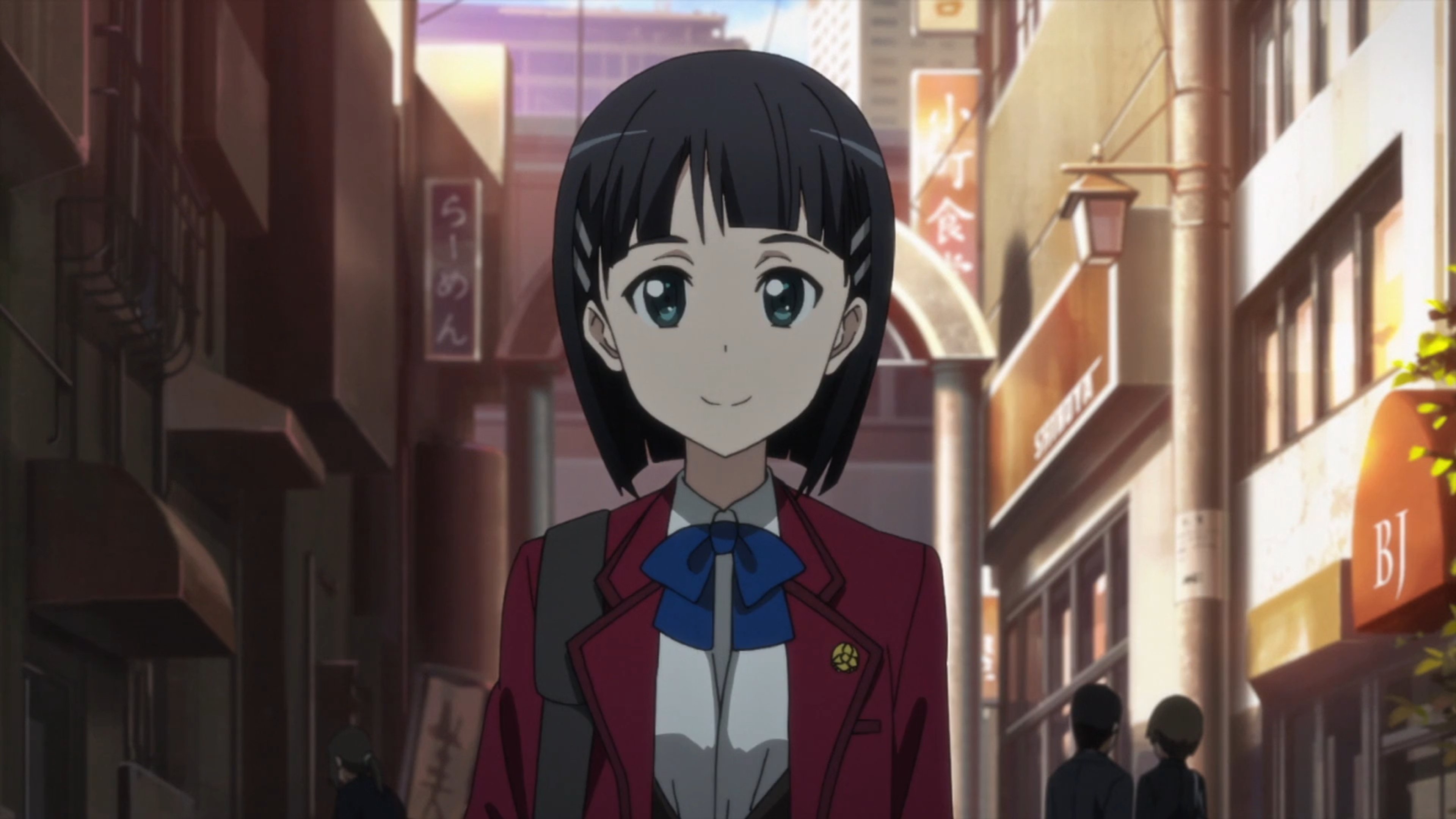 An anime-style character in a school uniform standing in an urban setting