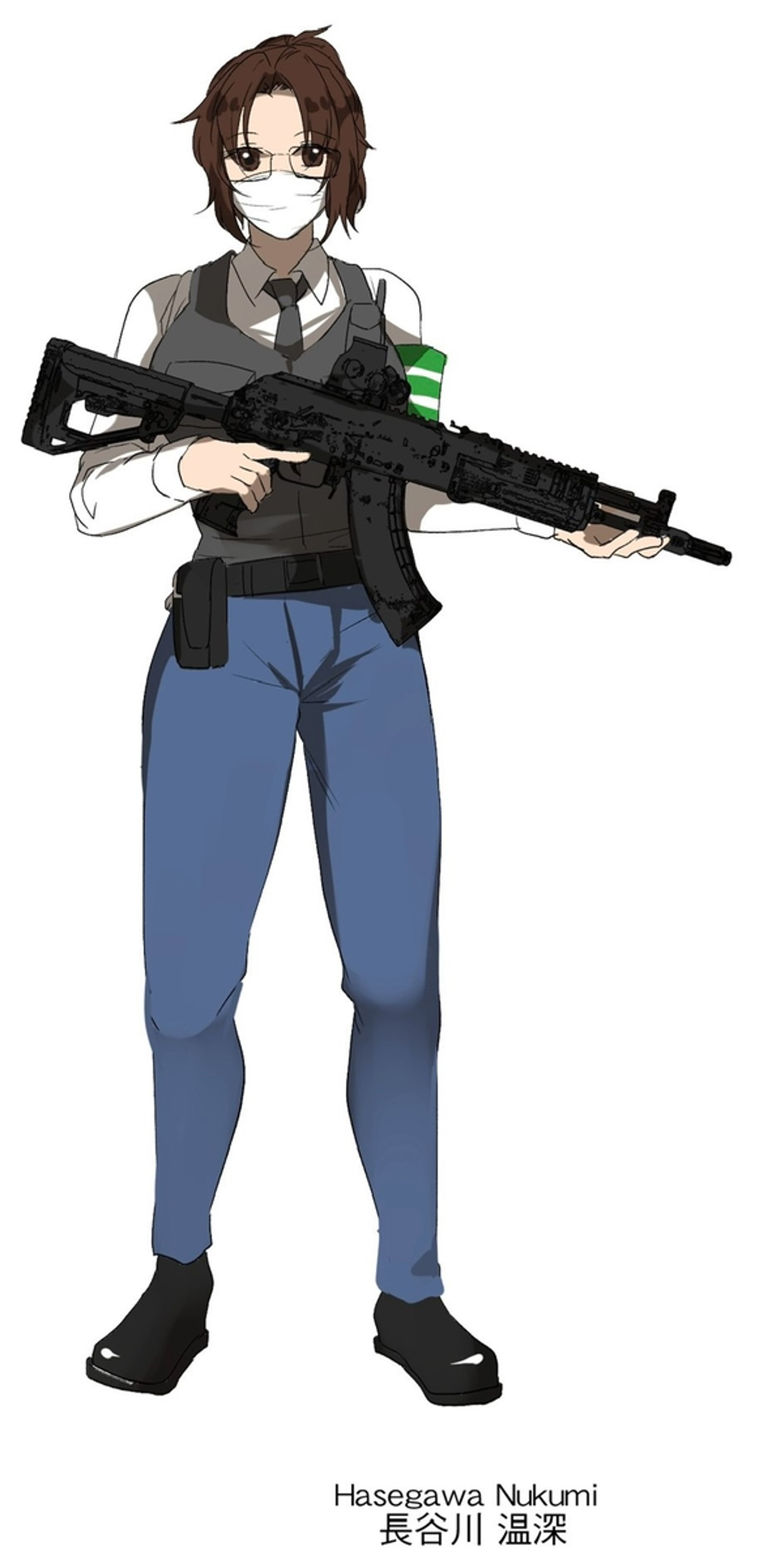 A woman in a military uniform holding an assault rifle