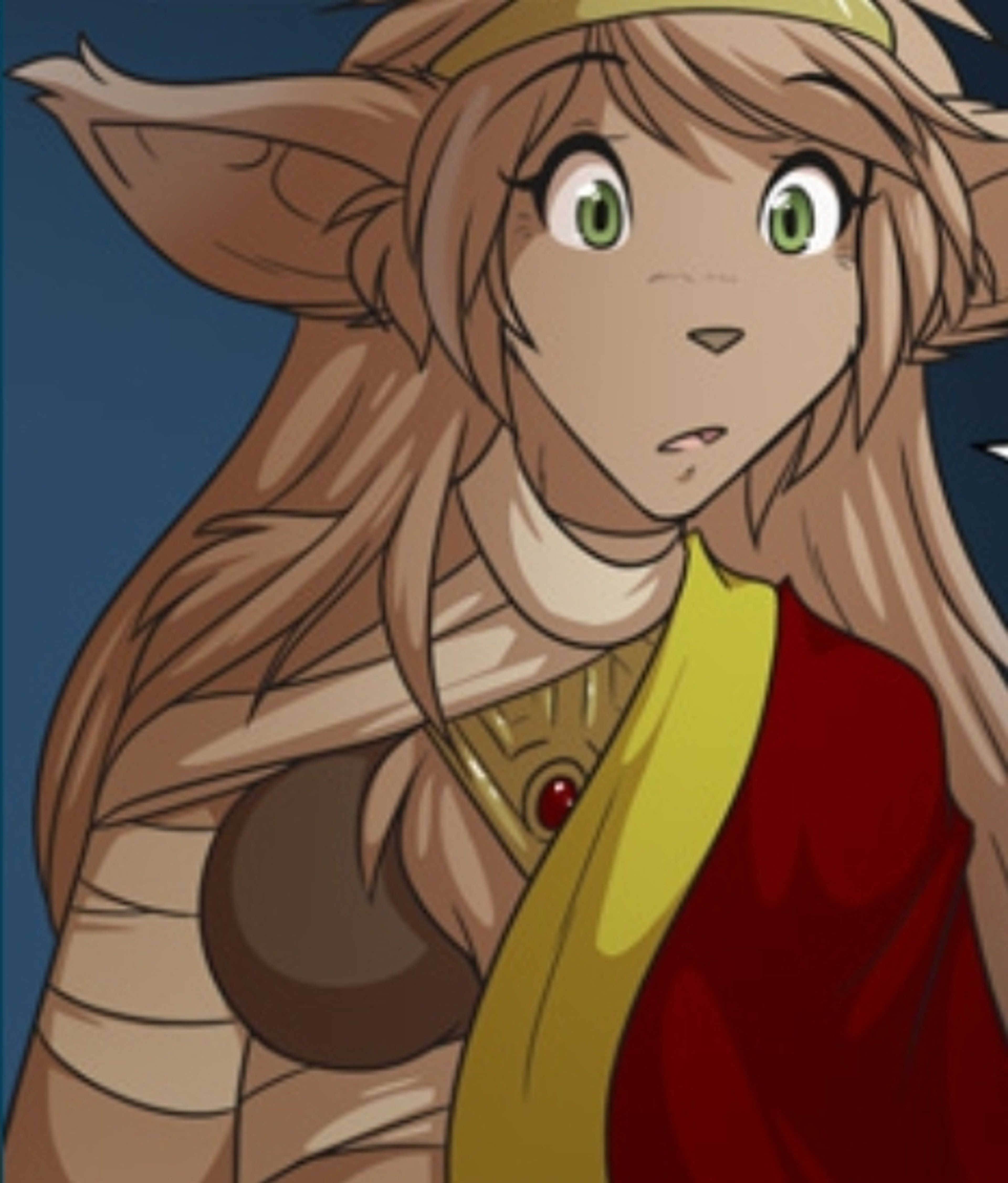 An imposing, muscular female anthropomorphic character with light brown hair and green eyes, wearing a red and yellow outfit.