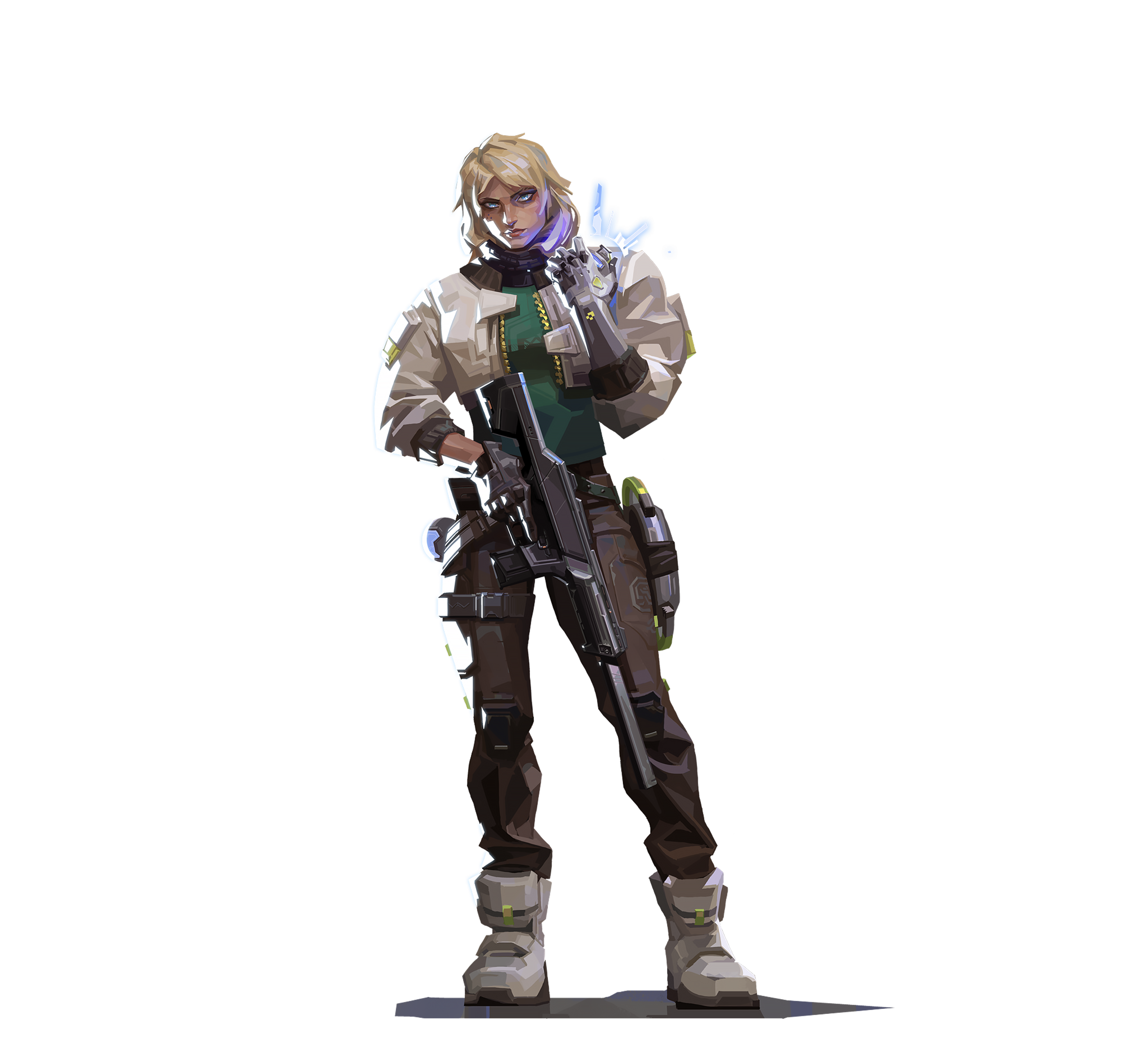 A female character in a tactical outfit with a cybernetic arm holding a futuristic weapon