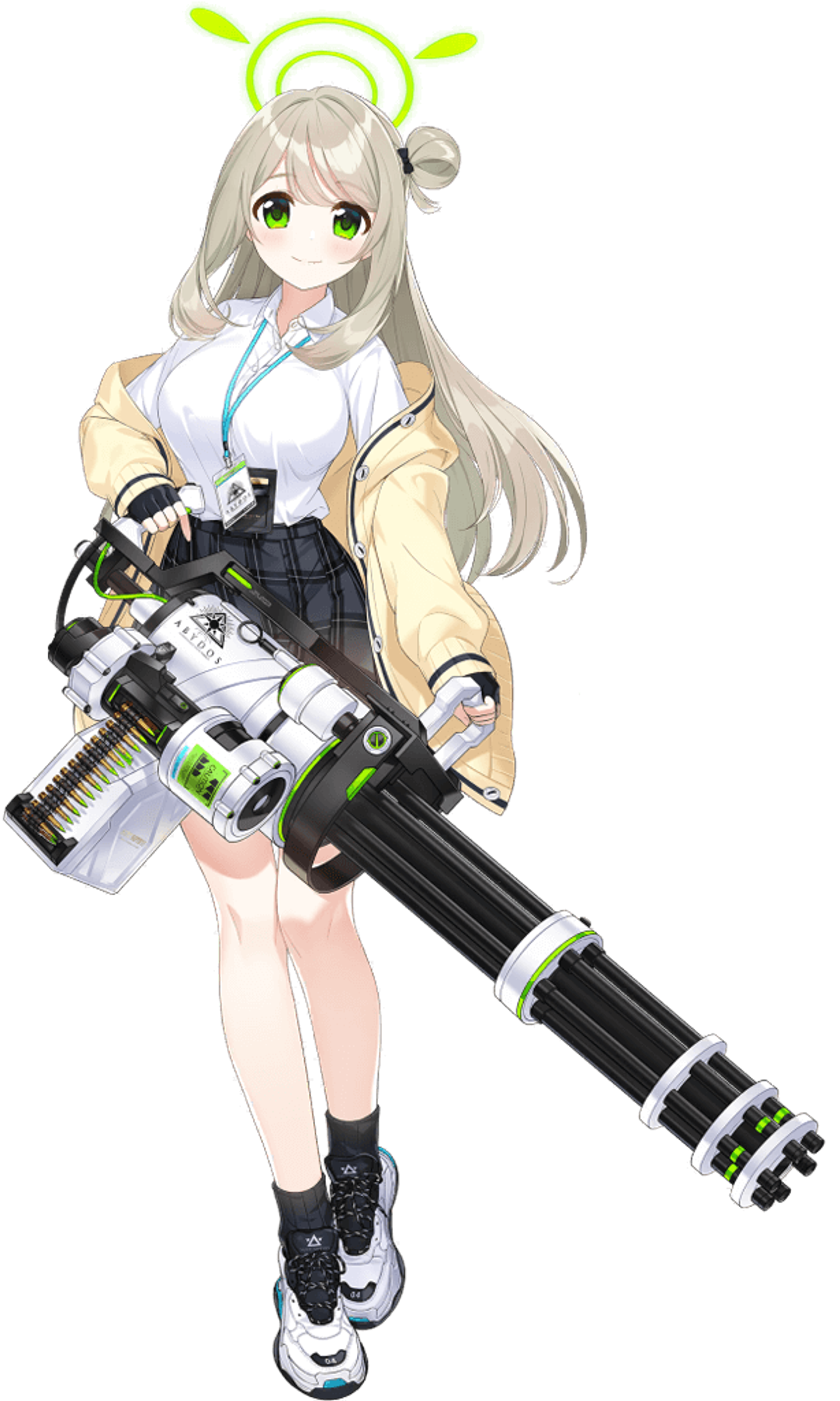 An anime-style female character with long light hair holding a large futuristic weapon