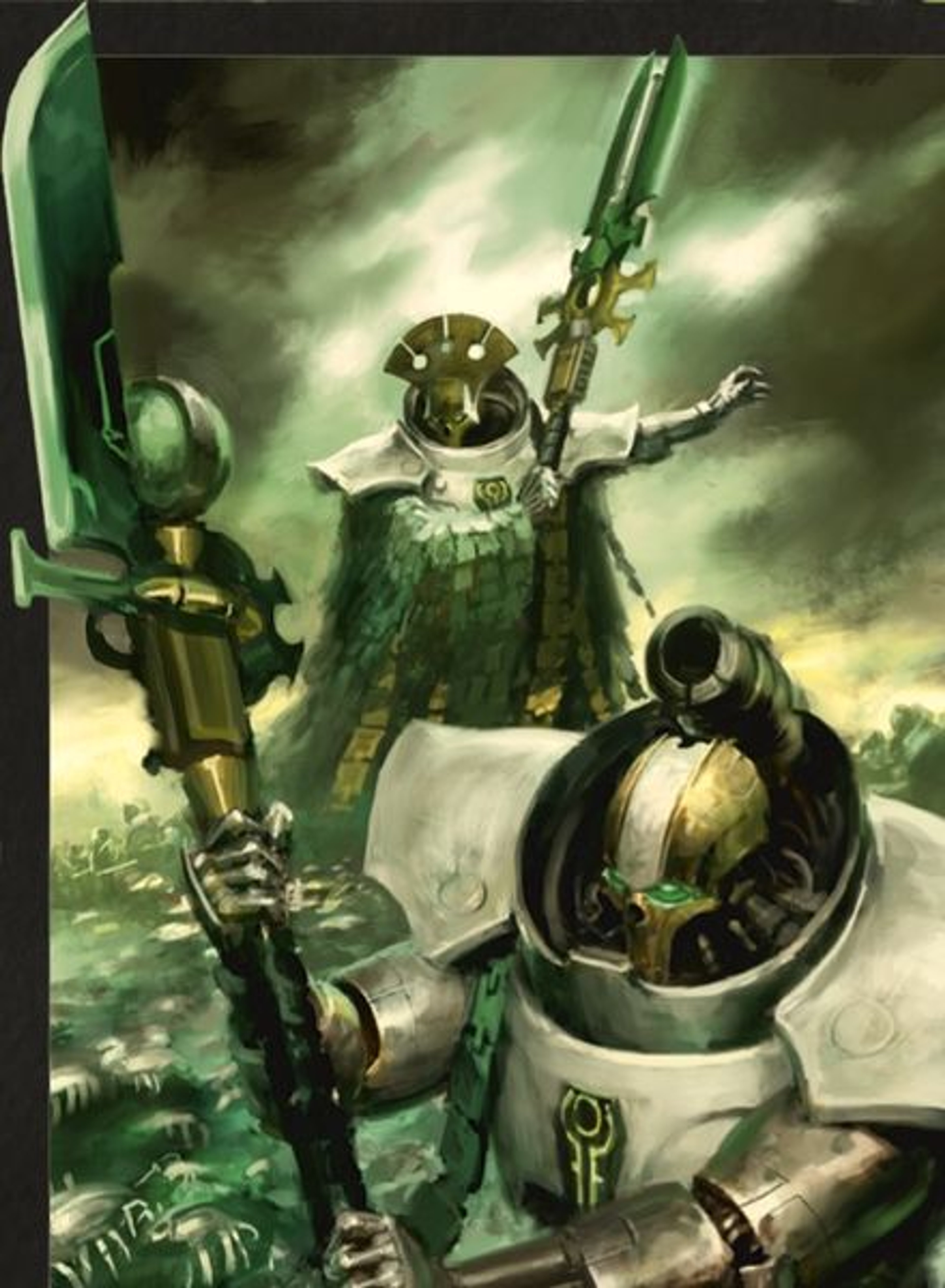 A powerful Necron Overlord from the Warhammer 40,000 universe, standing in an ominous, stormy landscape and wielding advanced weapons and equipment.