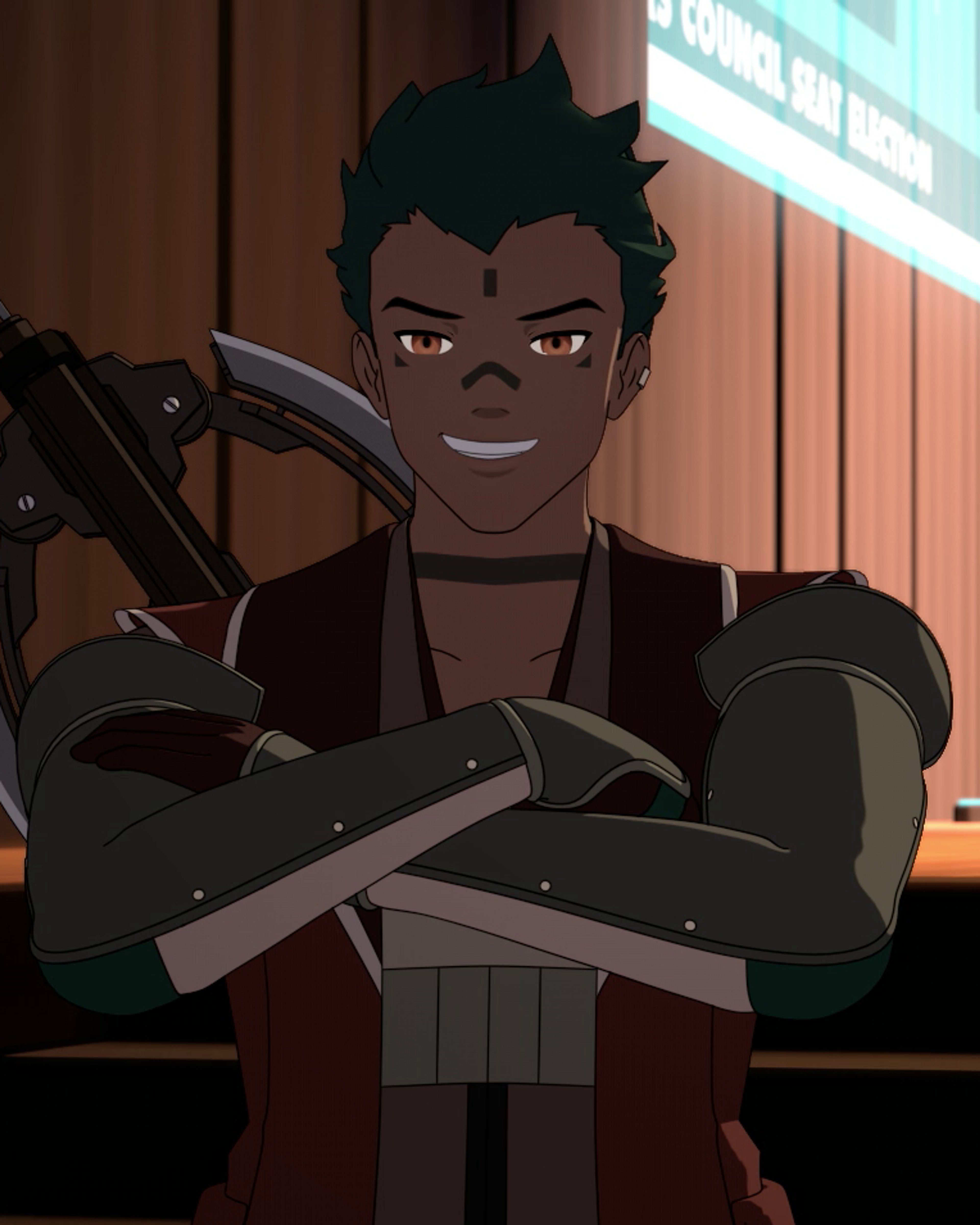 A tall, muscular woman with green hair and facial tattoos wearing a brown coat and armored attire.