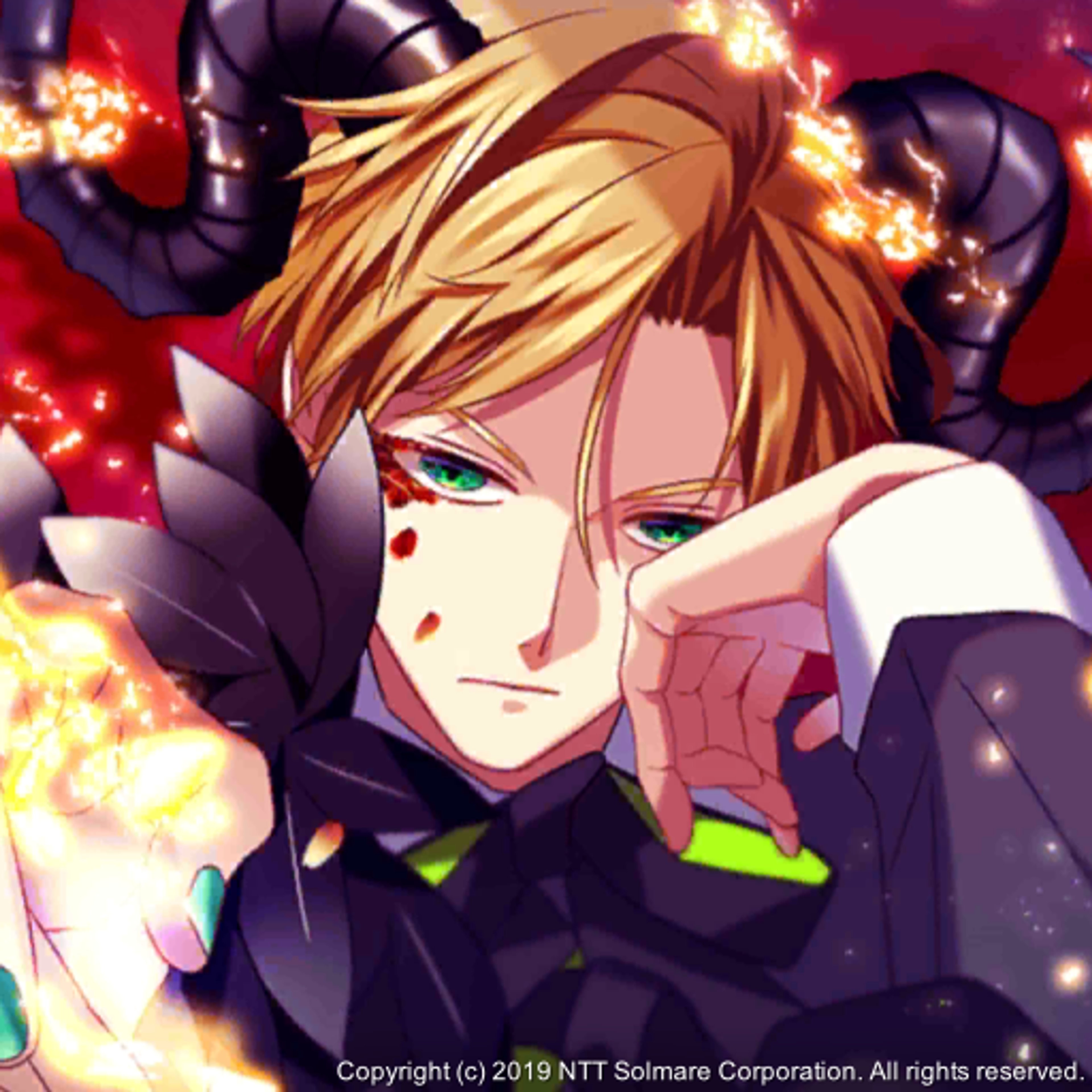 An anime-style character with blonde hair and red eyes wearing a black suit and tie, with flames and explosions in the background.