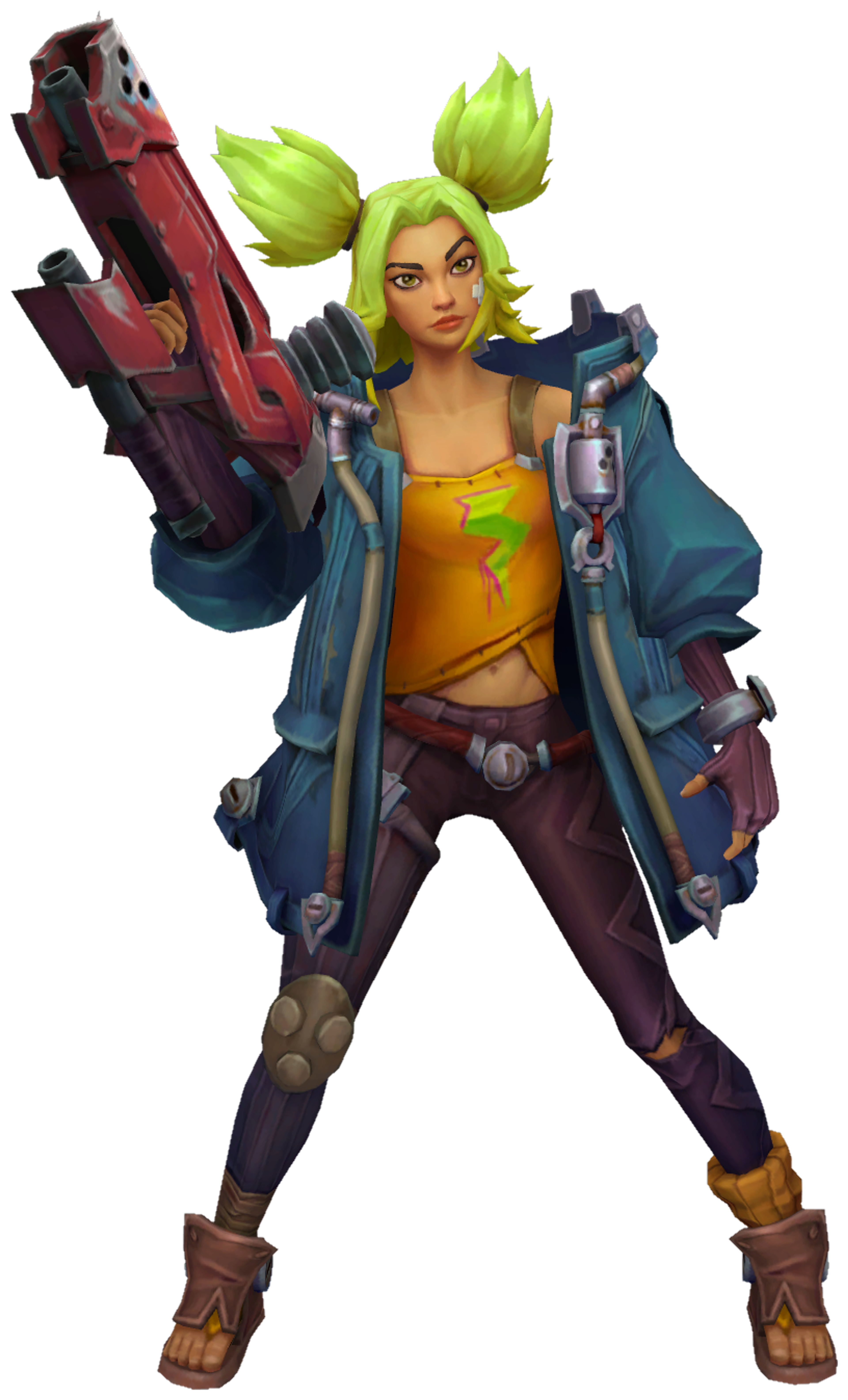 A young woman with green hair holding a large rifle, wearing a yellow top, blue jacket, and purple pants.