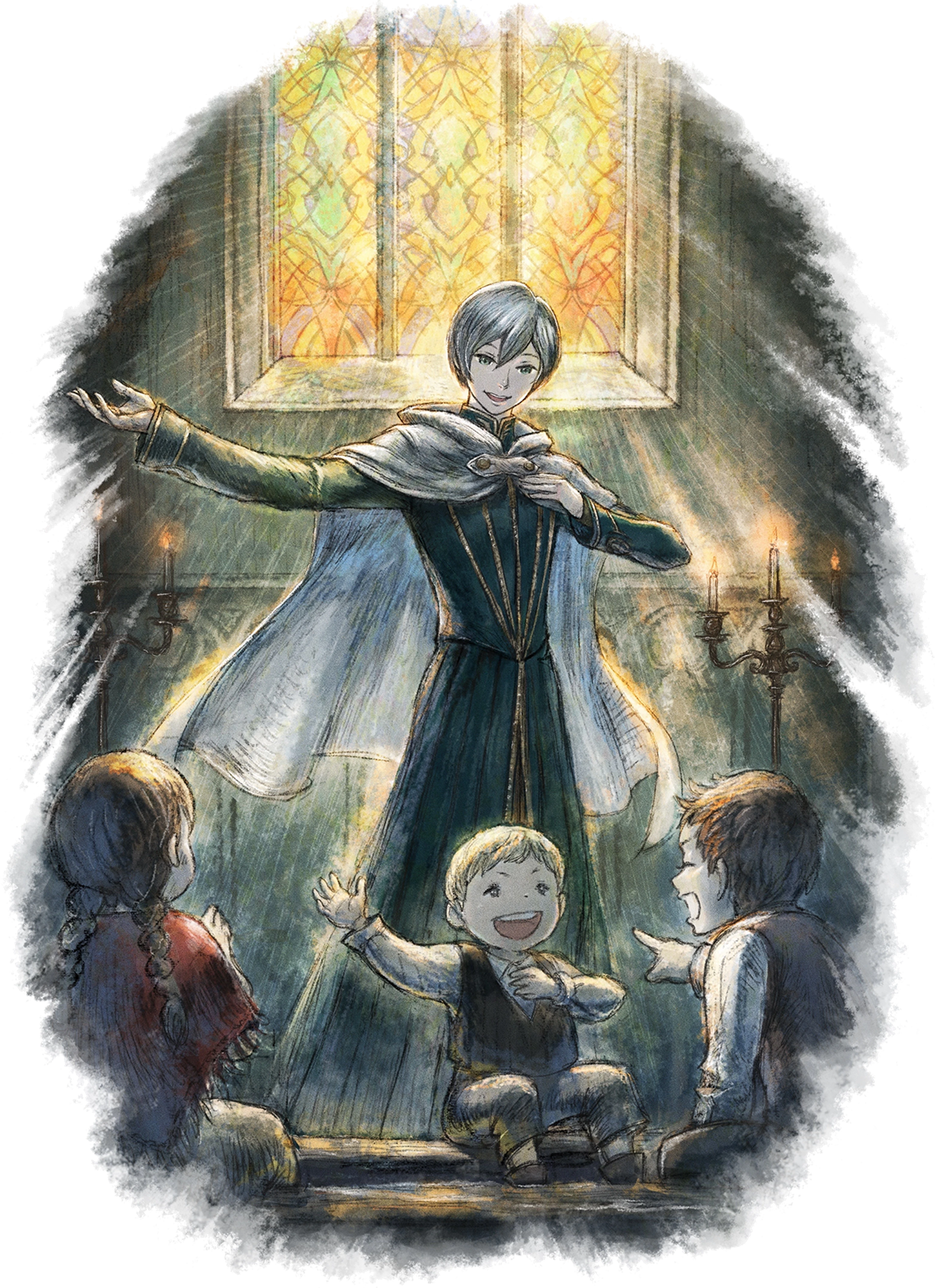 A middle-aged man with silver-white hair and blue eyes, wearing a dark cloak and holding a golden staff.