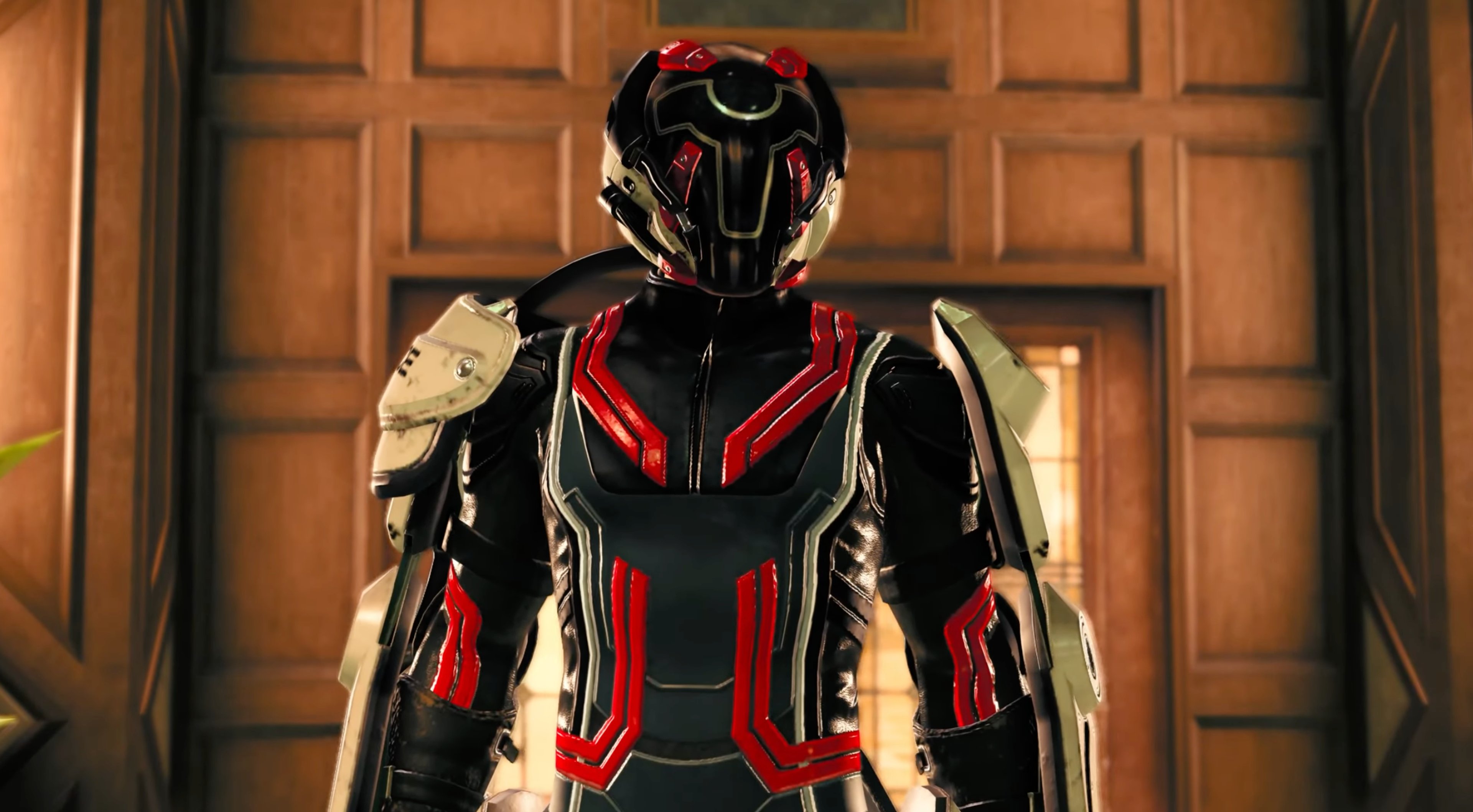 A character in a high-tech exosuit with a concealed identity