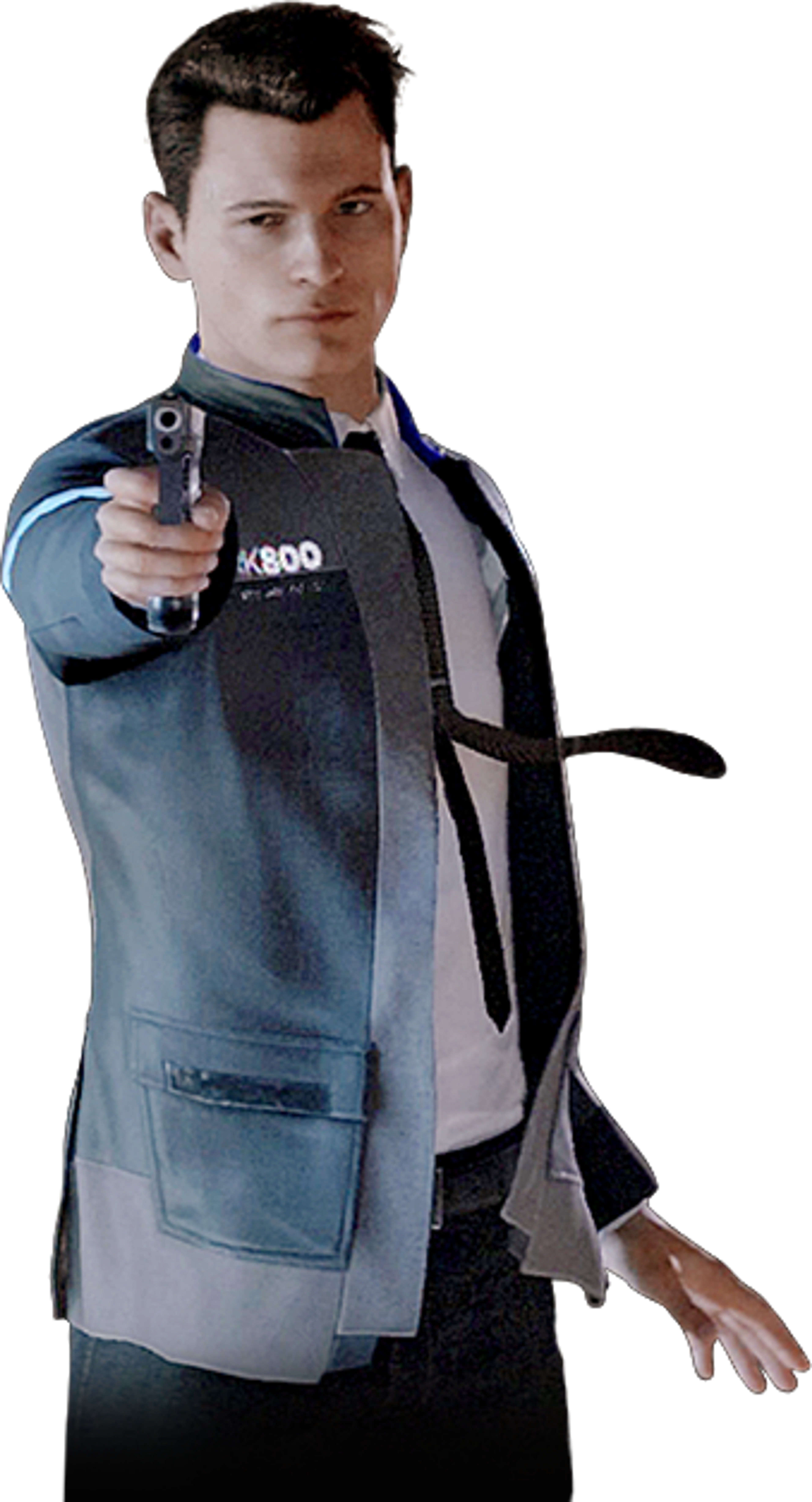 A young man in a futuristic police-like uniform holding a gun