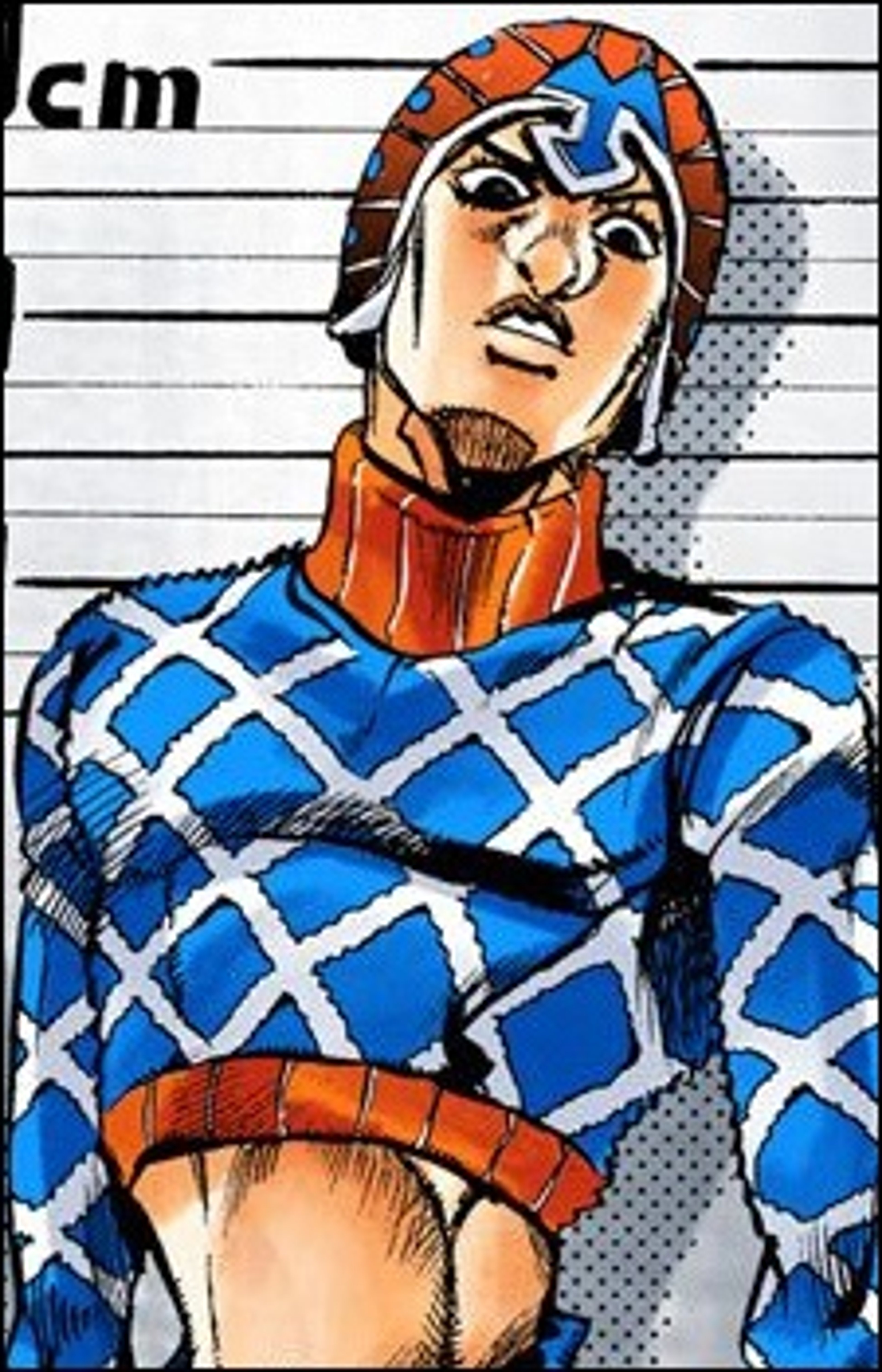 A young man with short dark hair wearing a blue and white patterned shirt against a comic book-style police lineup backdrop.