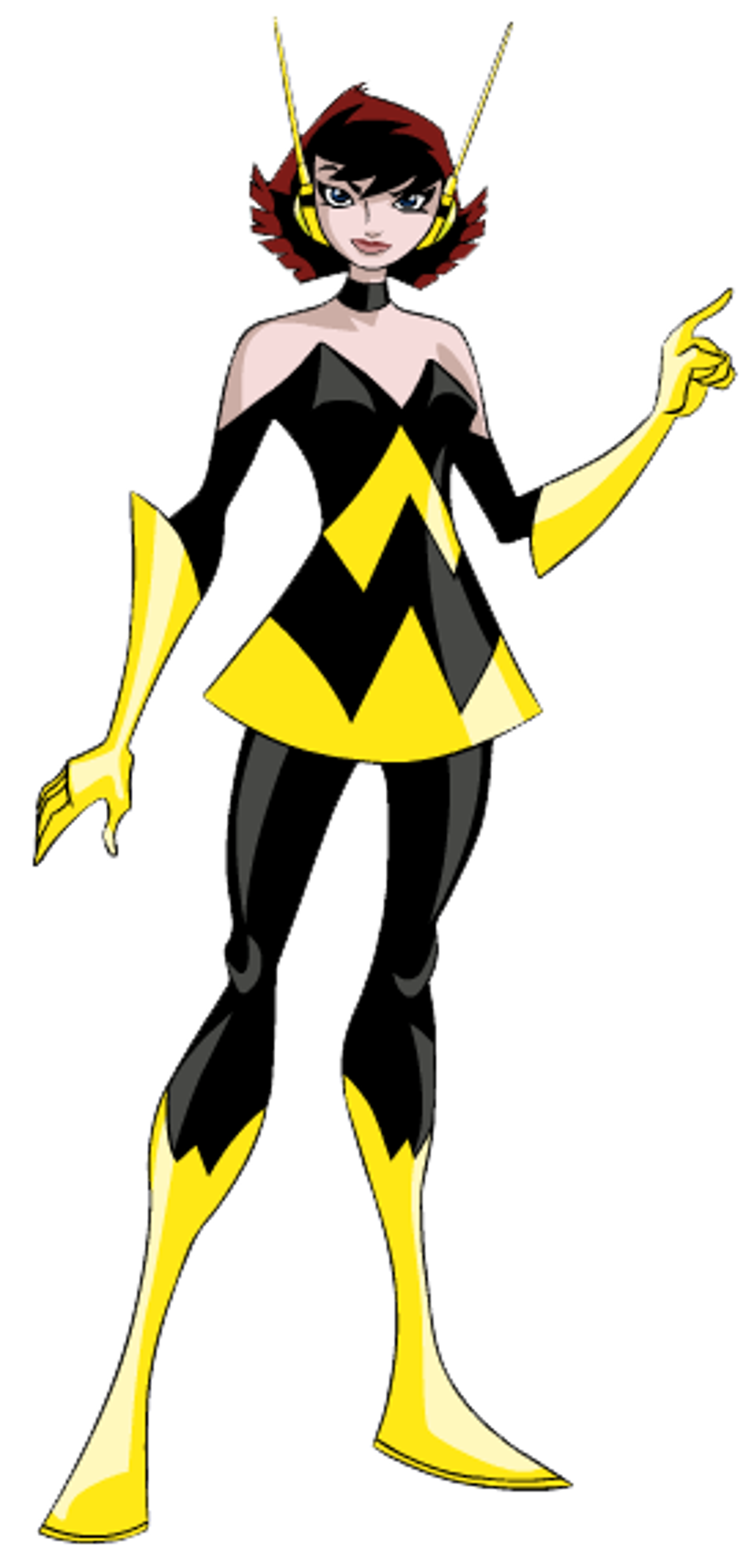 A female superhero character in a black and yellow costume, posed in an action stance.