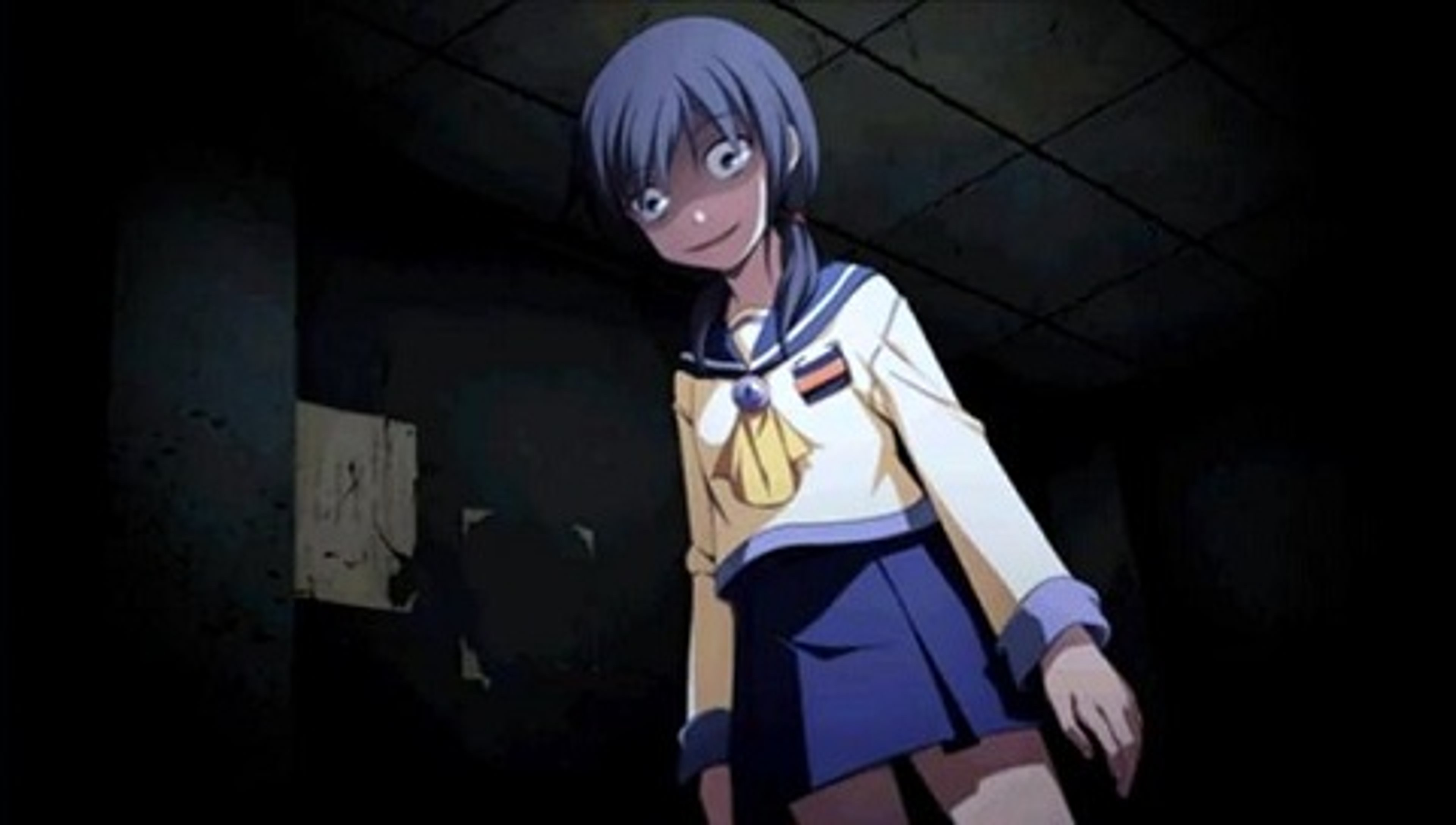 An anime-style character with blue pigtails wearing a white shirt and blue skirt in a dark setting