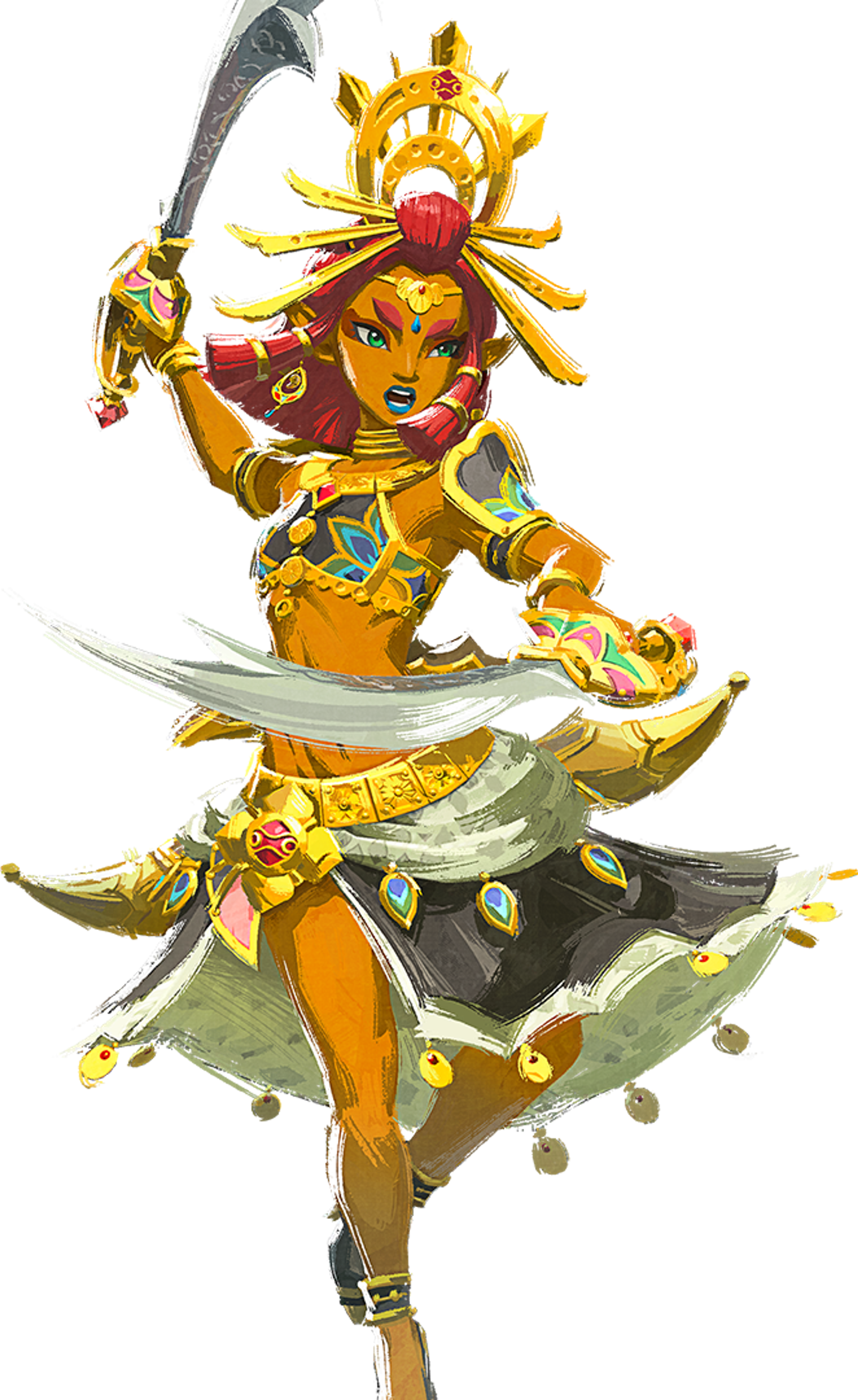 A young woman with red hair in Gerudo warrior attire, holding a sword and in a fighting stance.