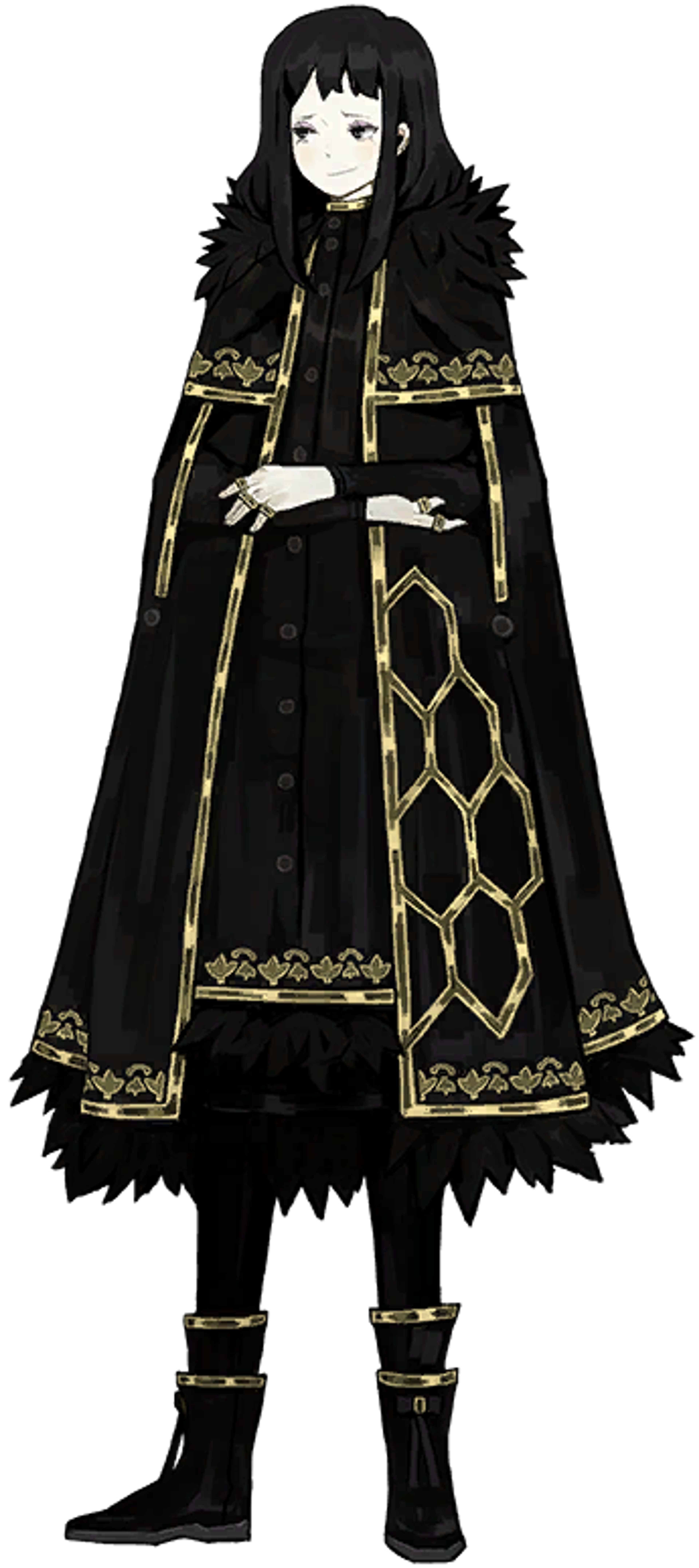 A young woman in an elaborate black and gold outfit standing in an authoritative pose.