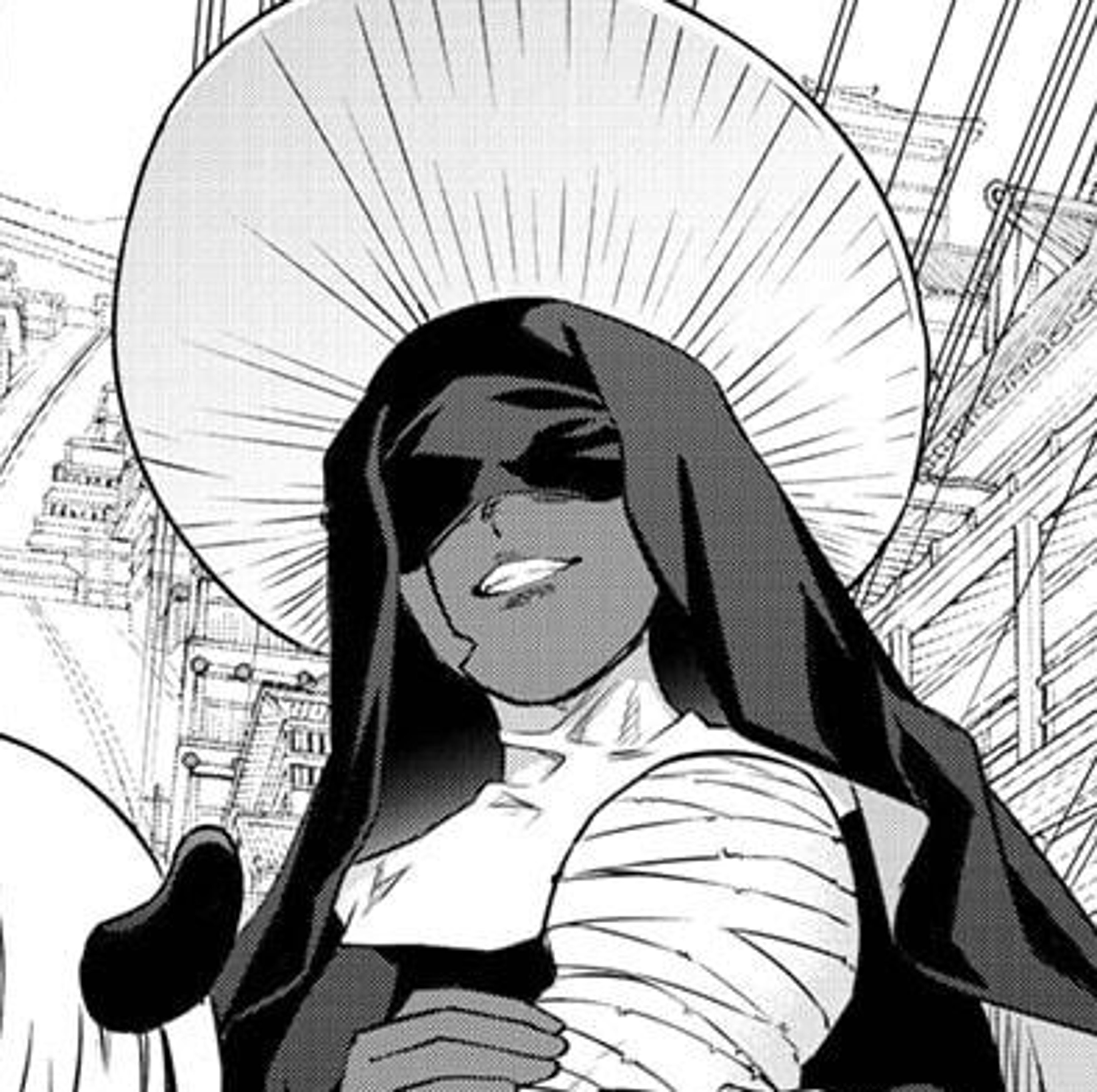 A female character with long, wavy hair and a nun-like appearance carrying a bandaged infant