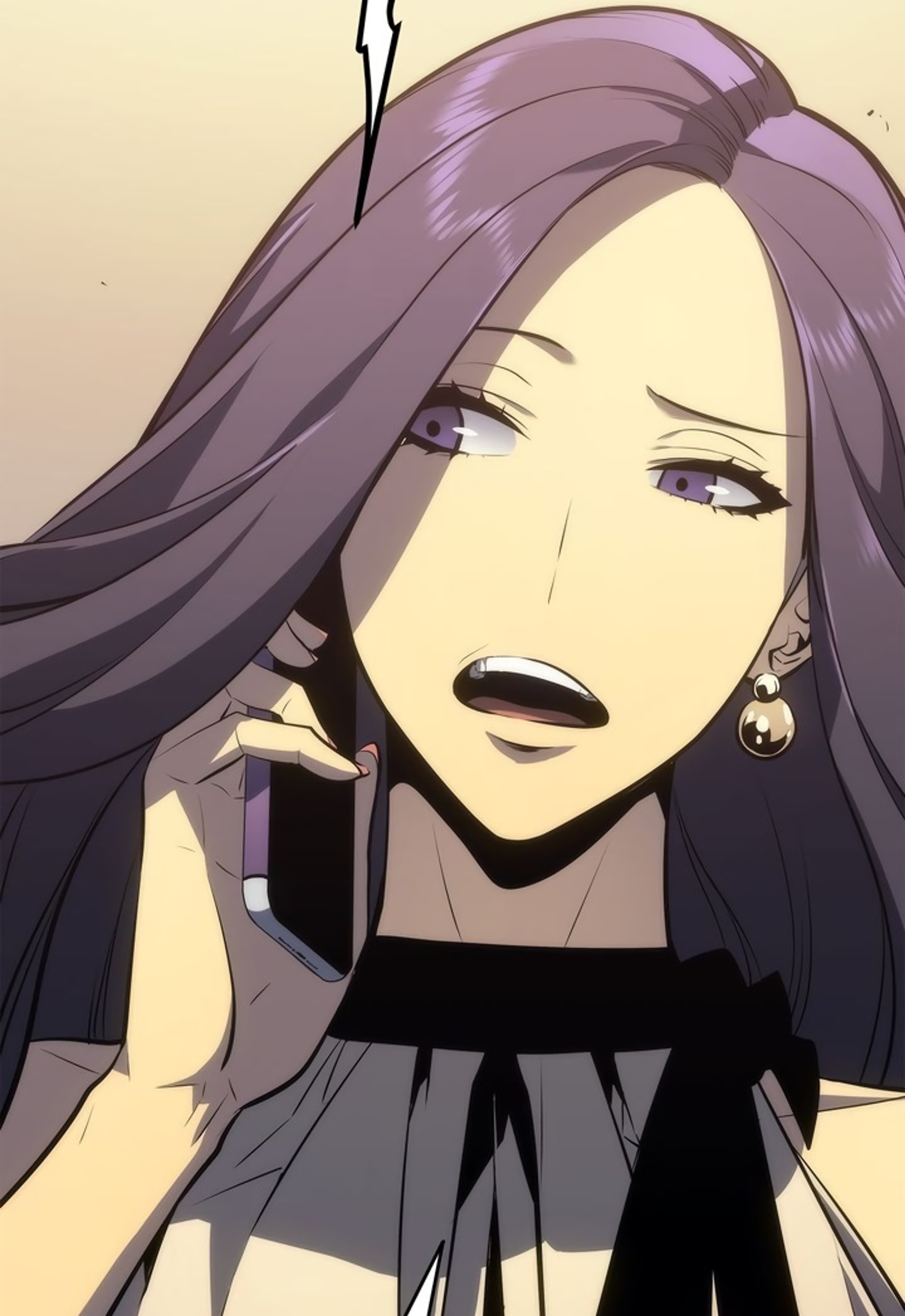 A young woman with dark purple hair and an intense expression