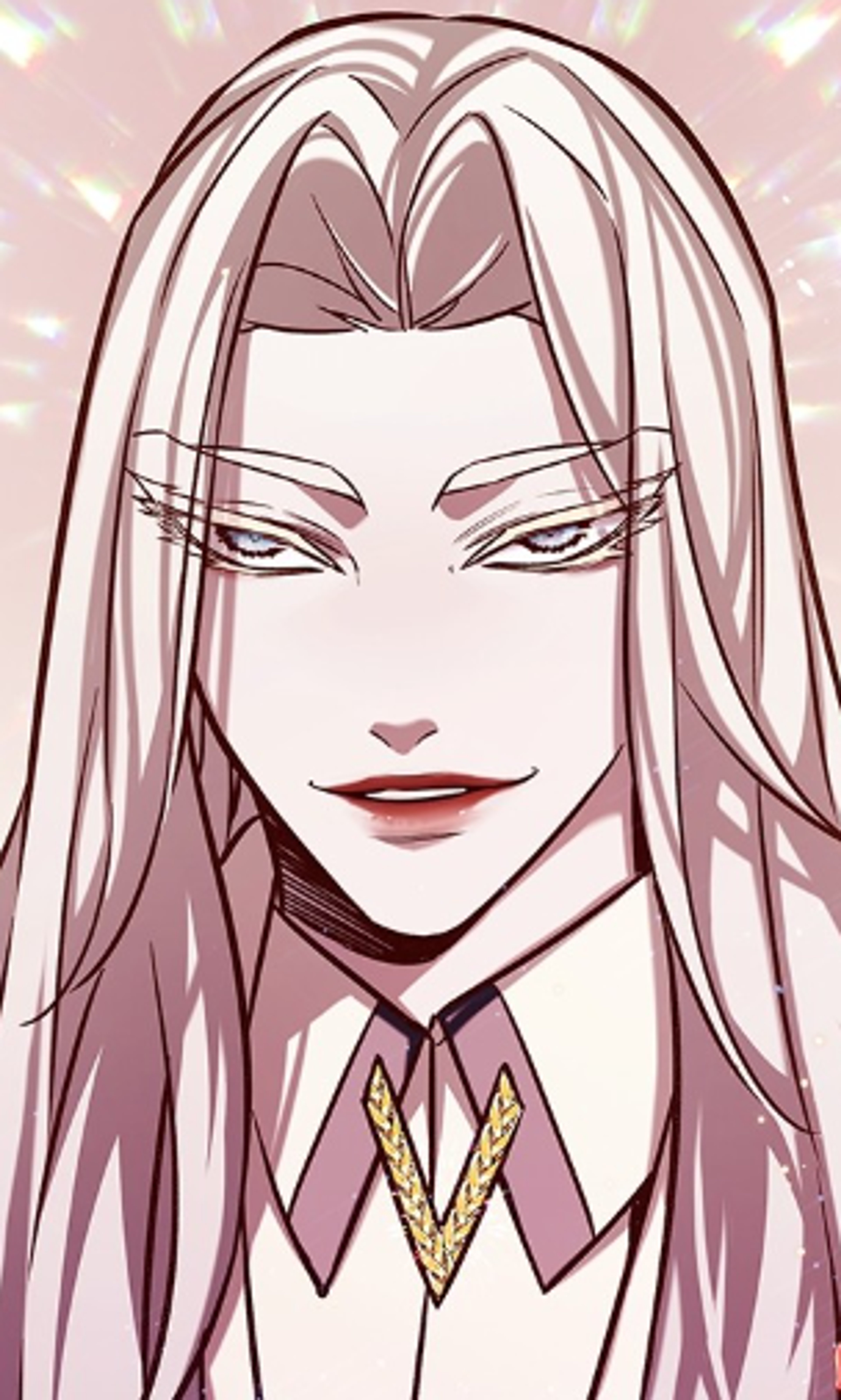 A character with long white hair and blue eyes, wearing elegant white and gold clothing