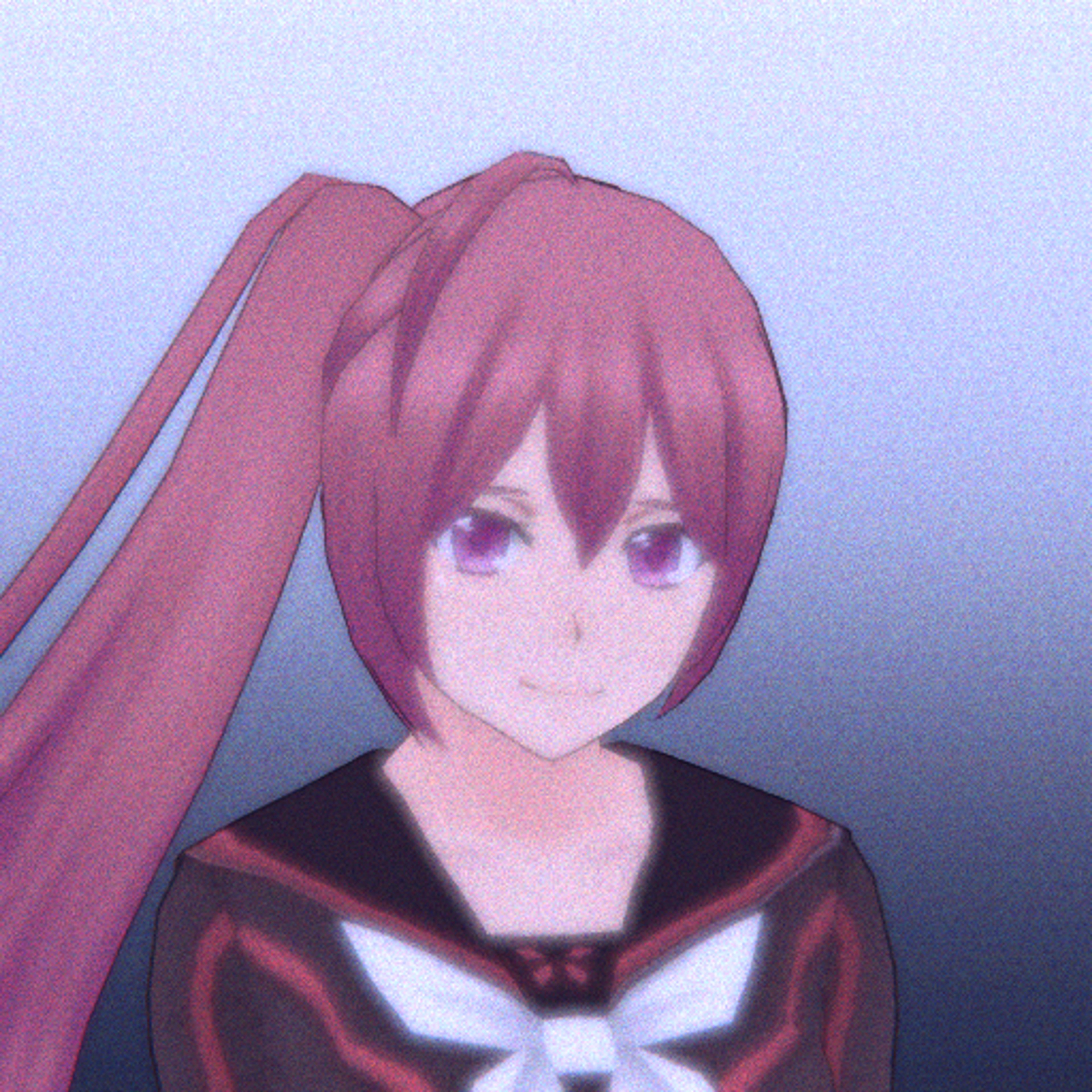 An anime-style character with light magenta hair in a side ponytail and freckles, wearing a dark school uniform with a red bow tie.
