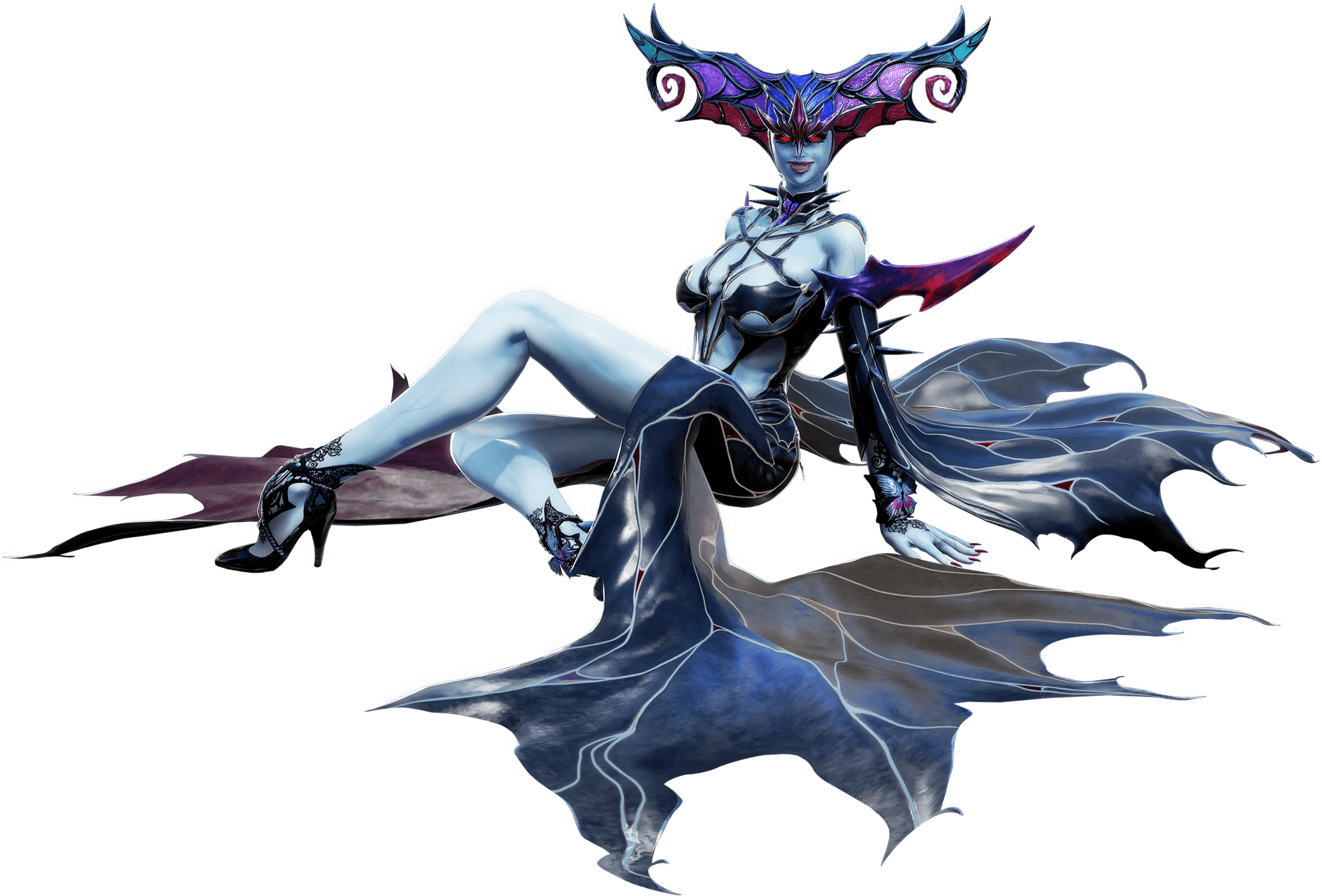 A powerful, demonic female figure with a butterfly motif, in an aggressive pose.