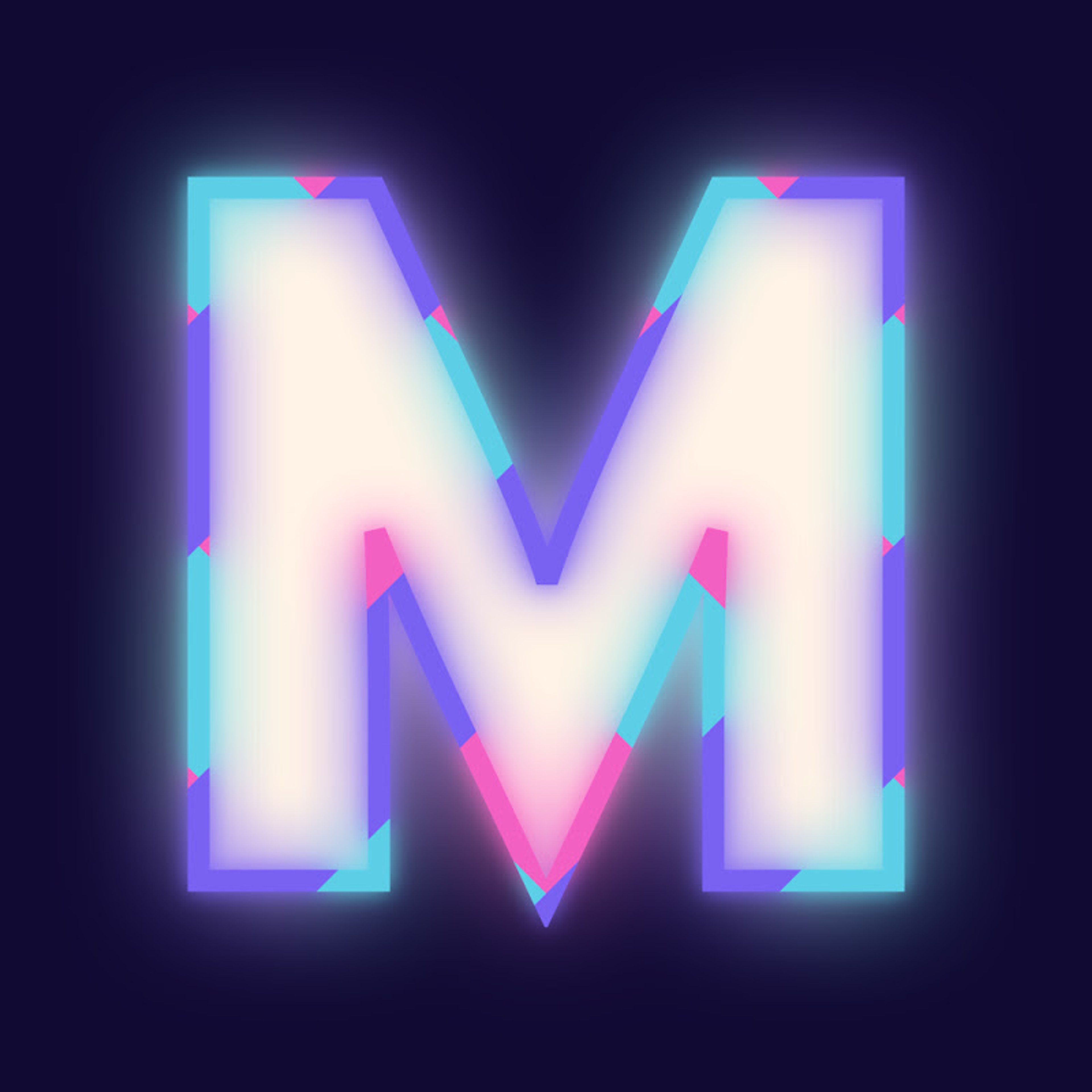 A neon-colored, stylized letter 'M' against a dark background.