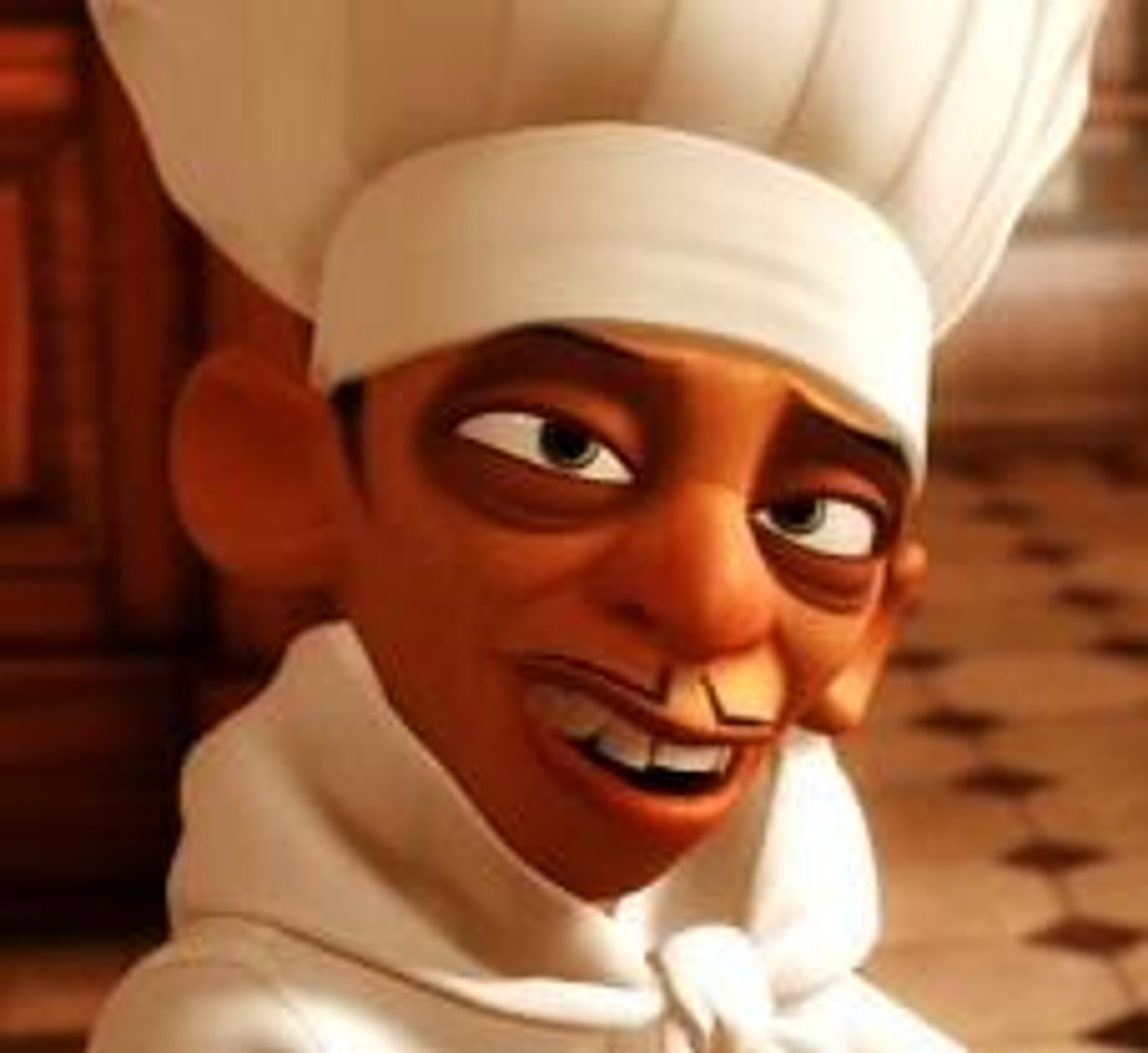 An animated character of a short, angry French chef in a chef's uniform