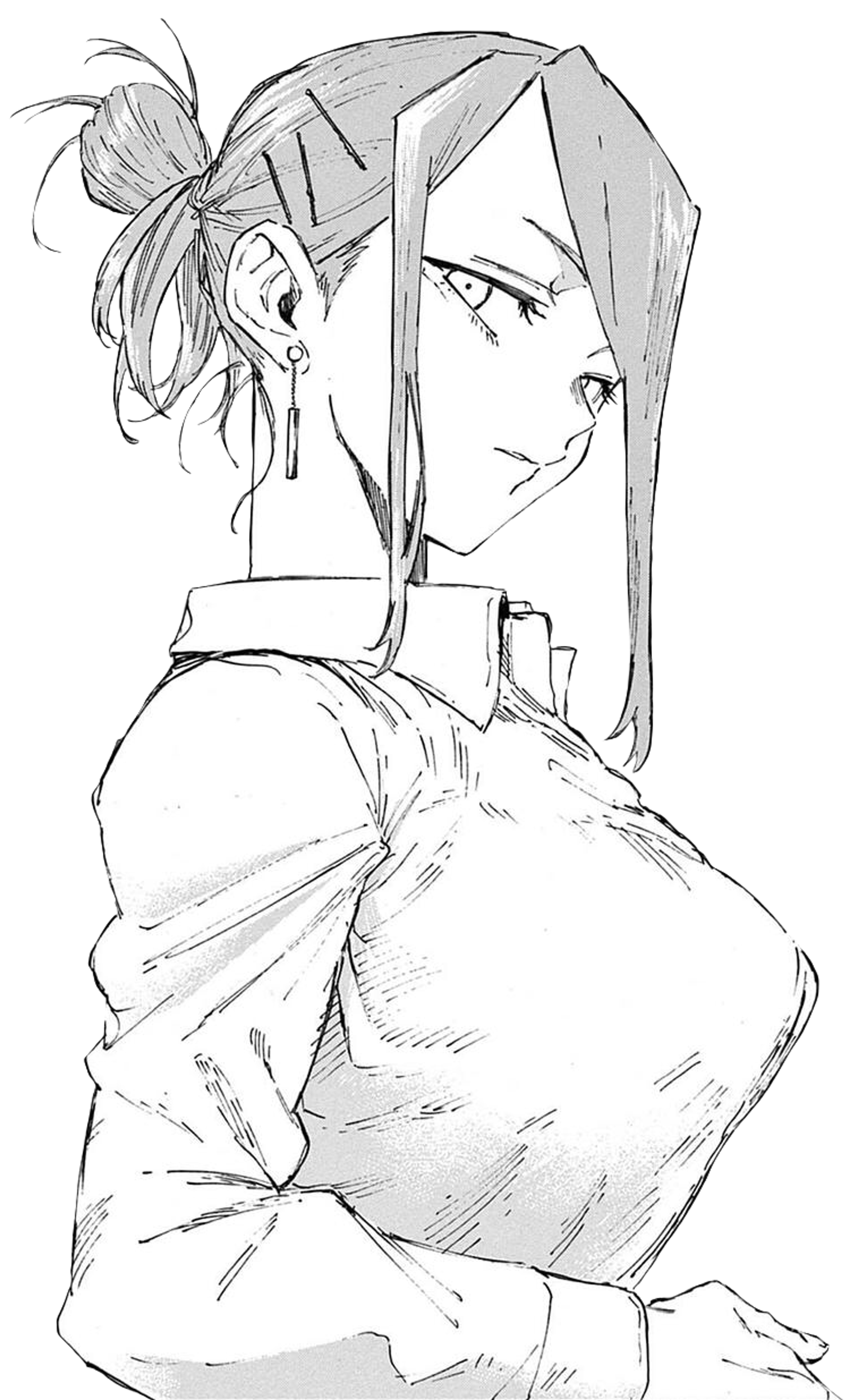 A woman with long, partially tied red hair and yellow eyes wearing a collared shirt or blouse