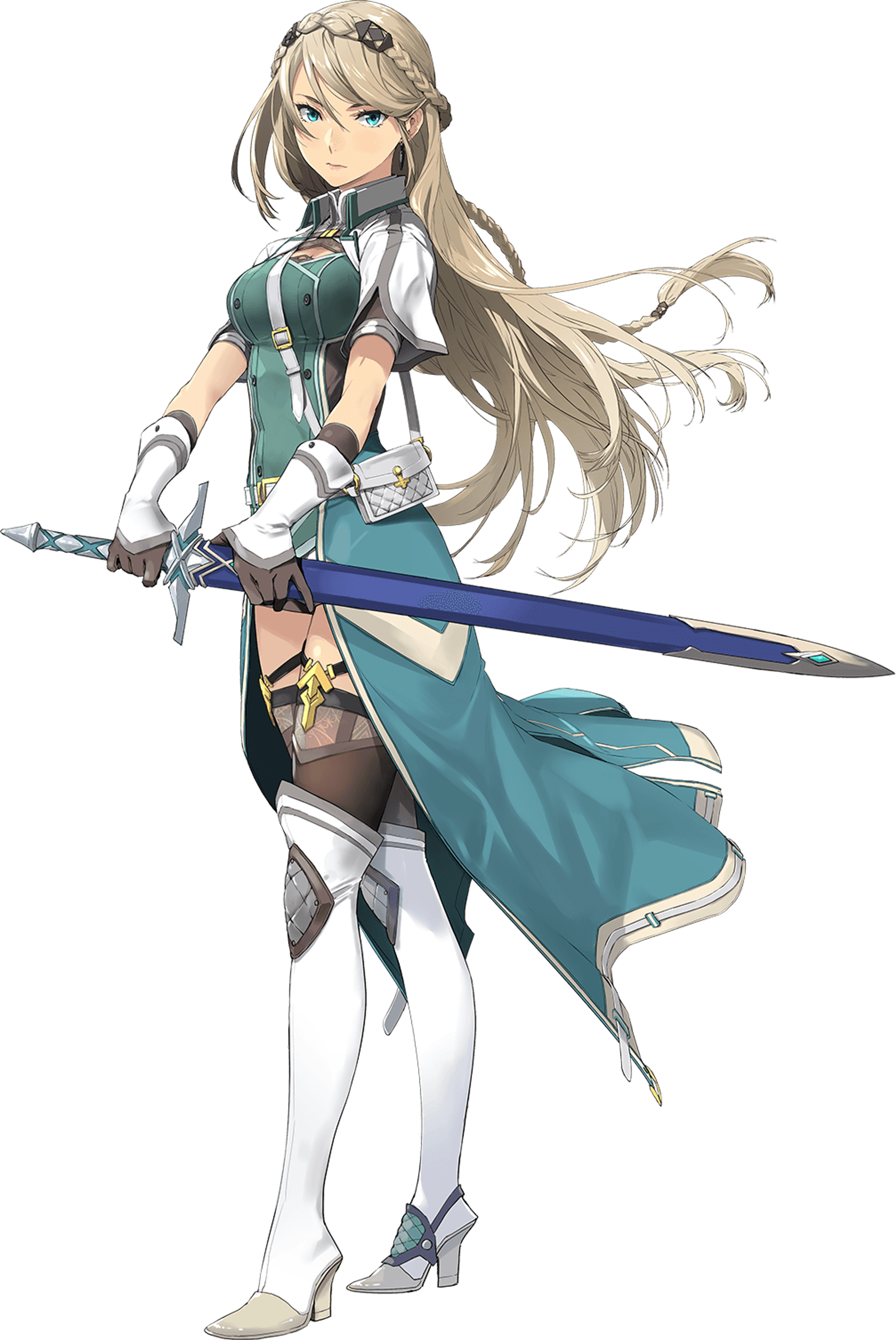 A young woman with long blonde hair wearing a green and white outfit and holding a sword.