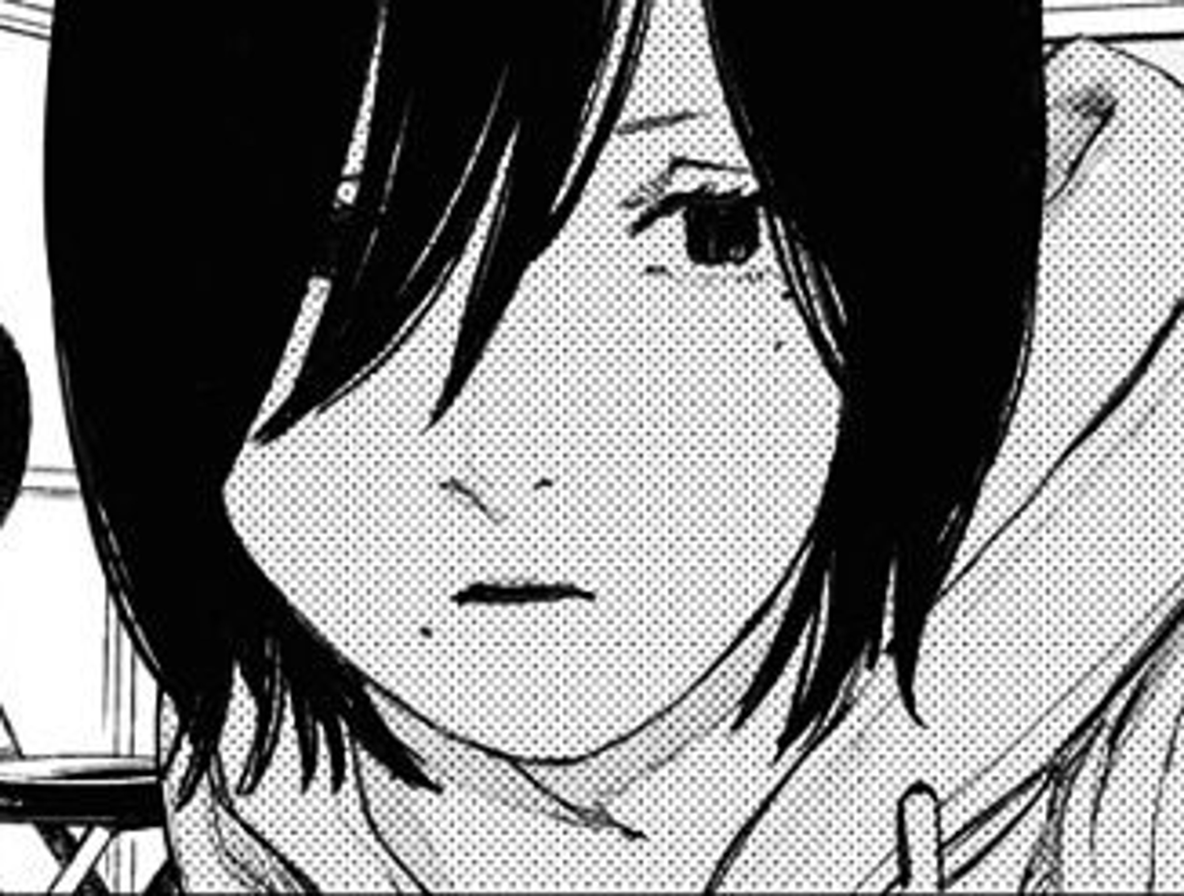 A manga-style illustration of a young adult male character with long dark hair and a serious expression.