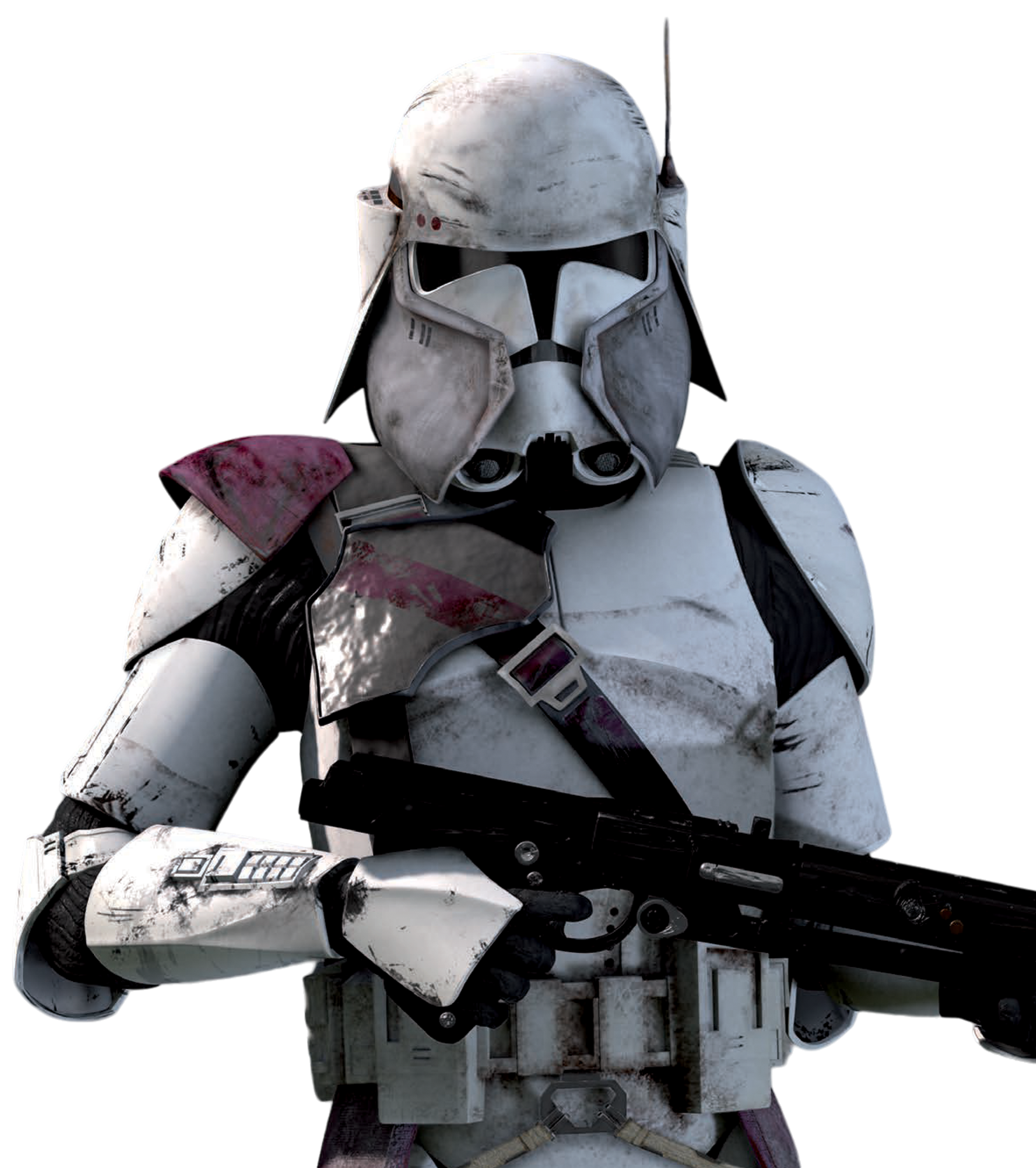 A clone trooper character from the Star Wars universe, wearing white and gray armor and holding a blaster rifle.
