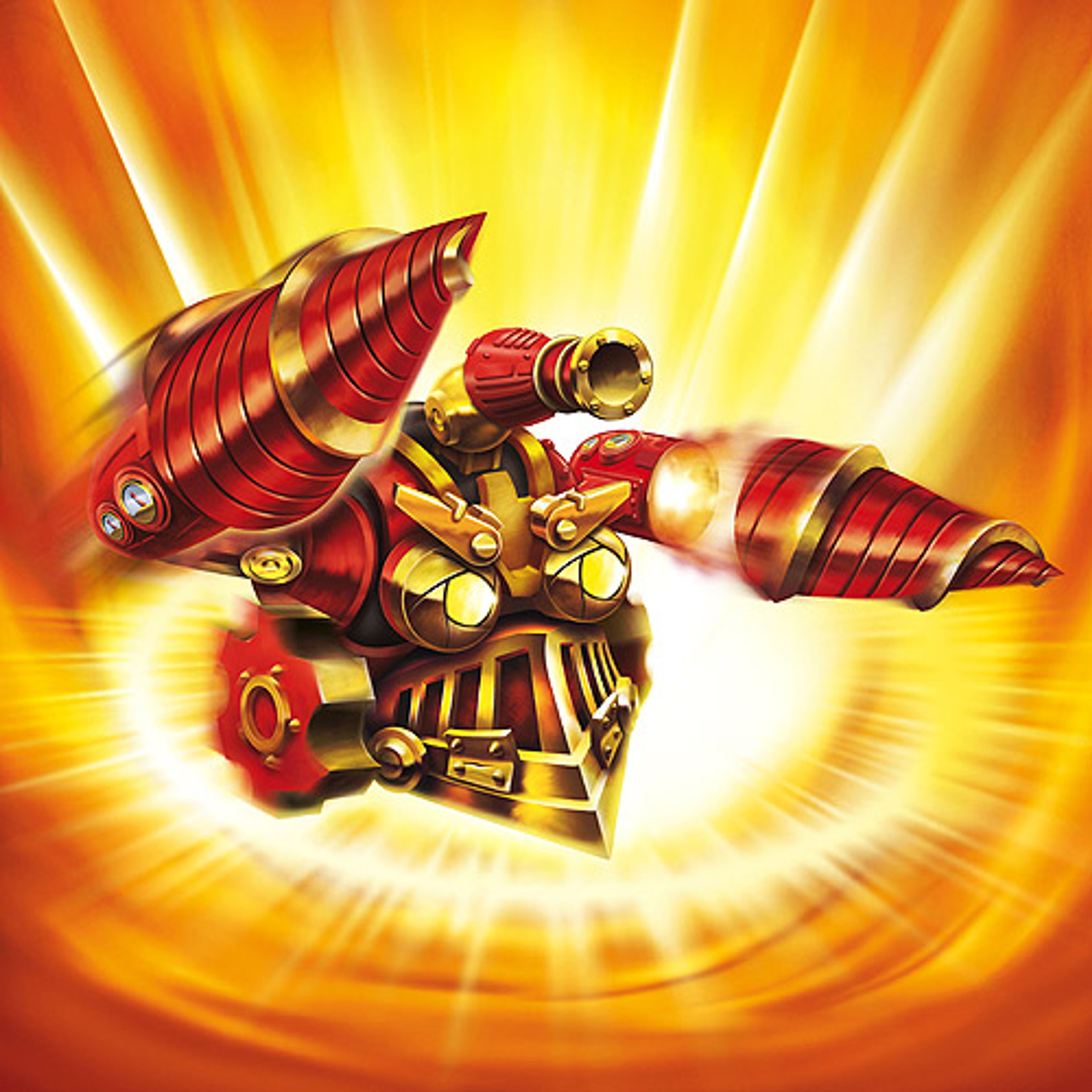 A powerful, robotic character with drill-like features and weapons, standing in a fiery, dramatic background.