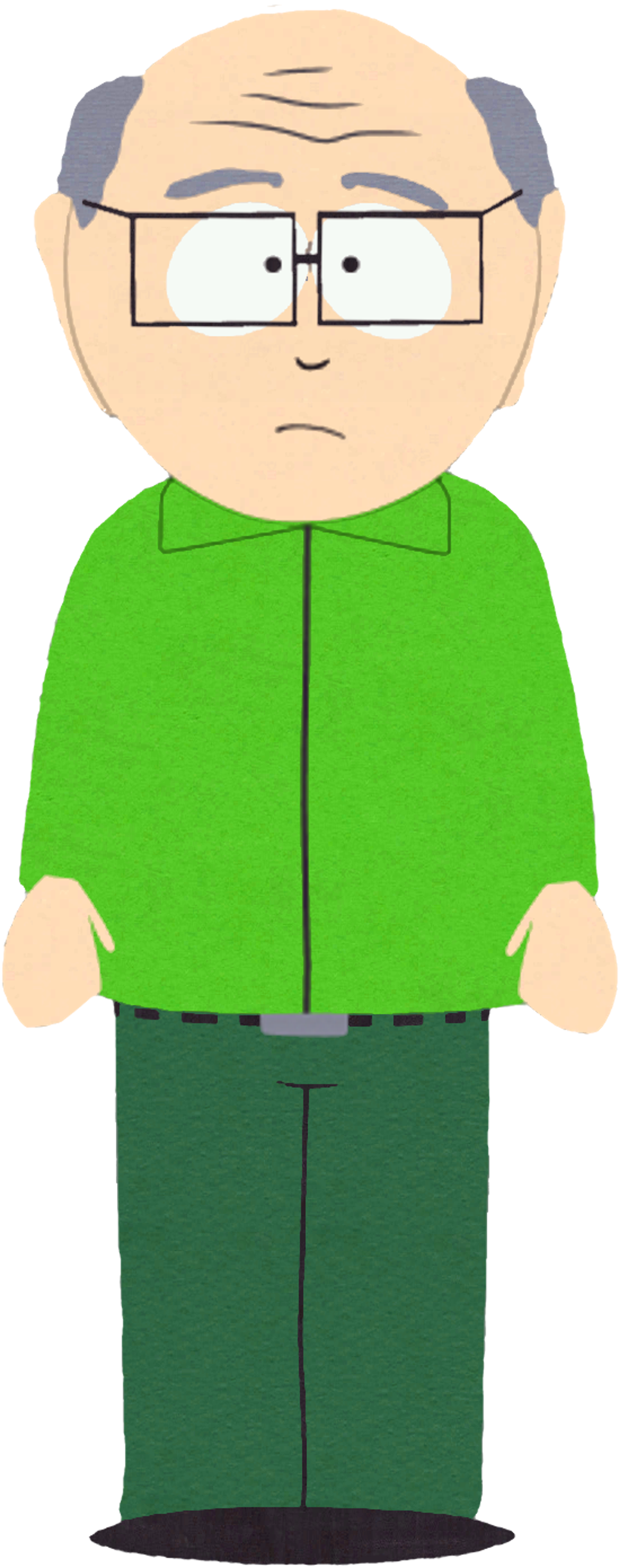 A bald, middle-aged man with glasses wearing a green shirt