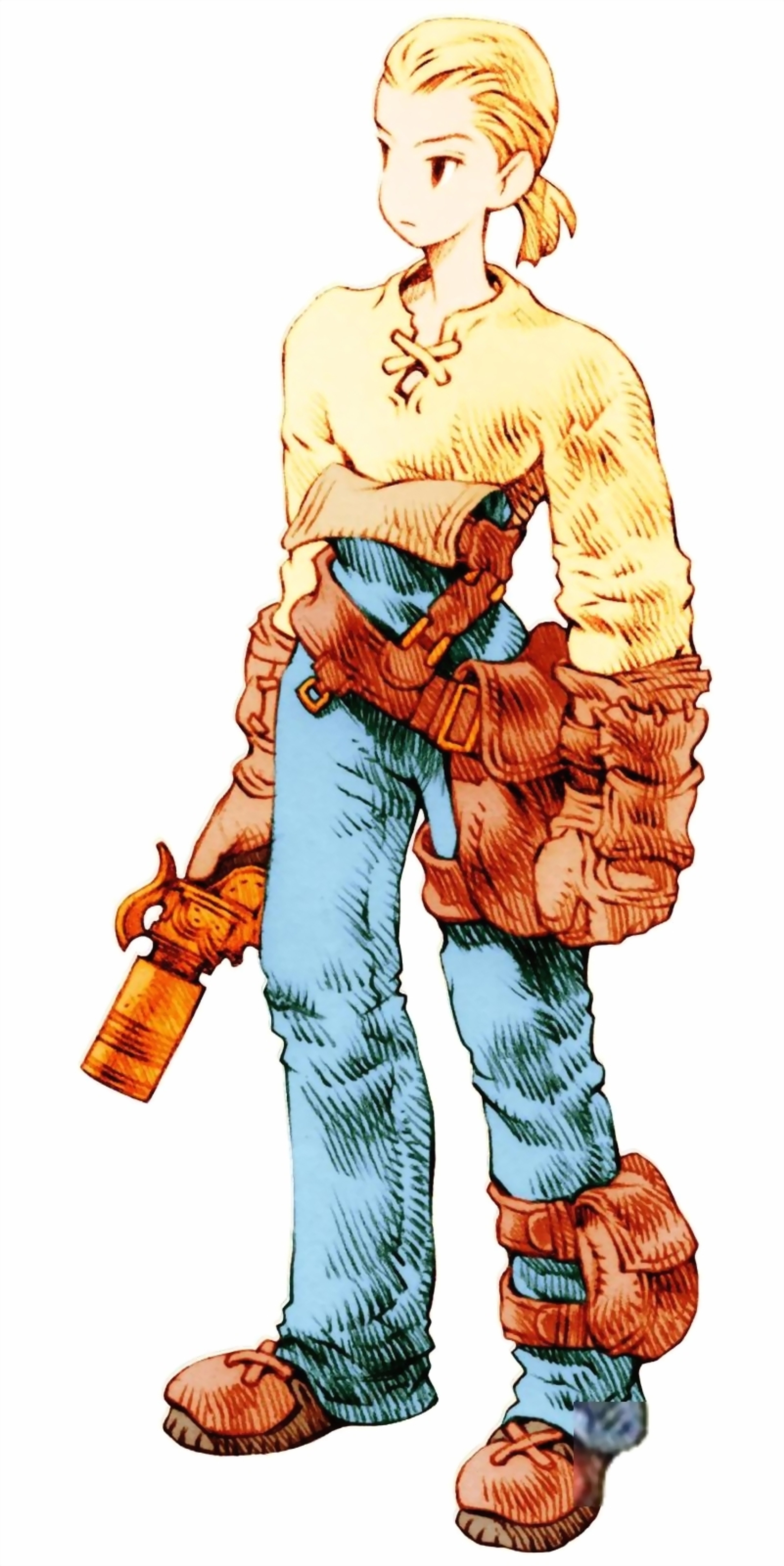 A young man with blonde hair in a ponytail, wearing a yellow shirt, brown gloves, and blue pants with pouches, appearing to be a skilled machinist or engineer.