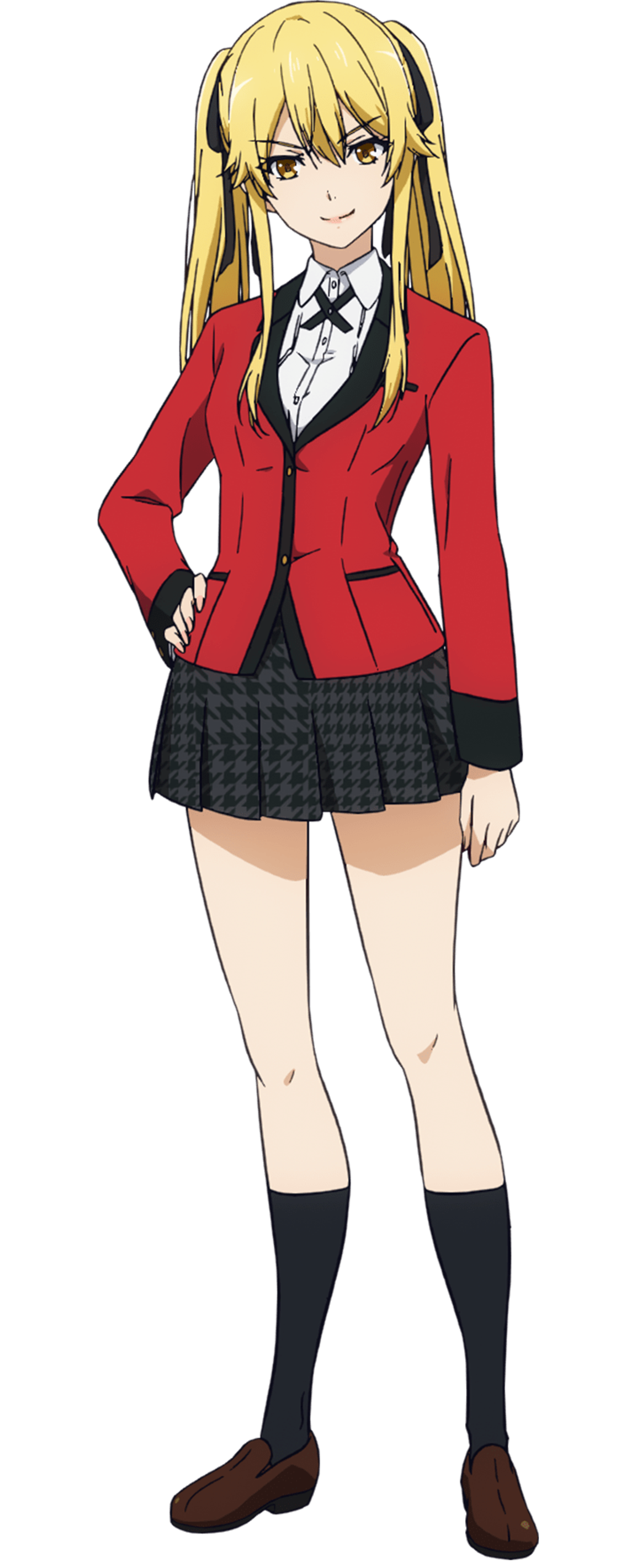 A young woman in a school uniform with blonde hair and yellow eyes