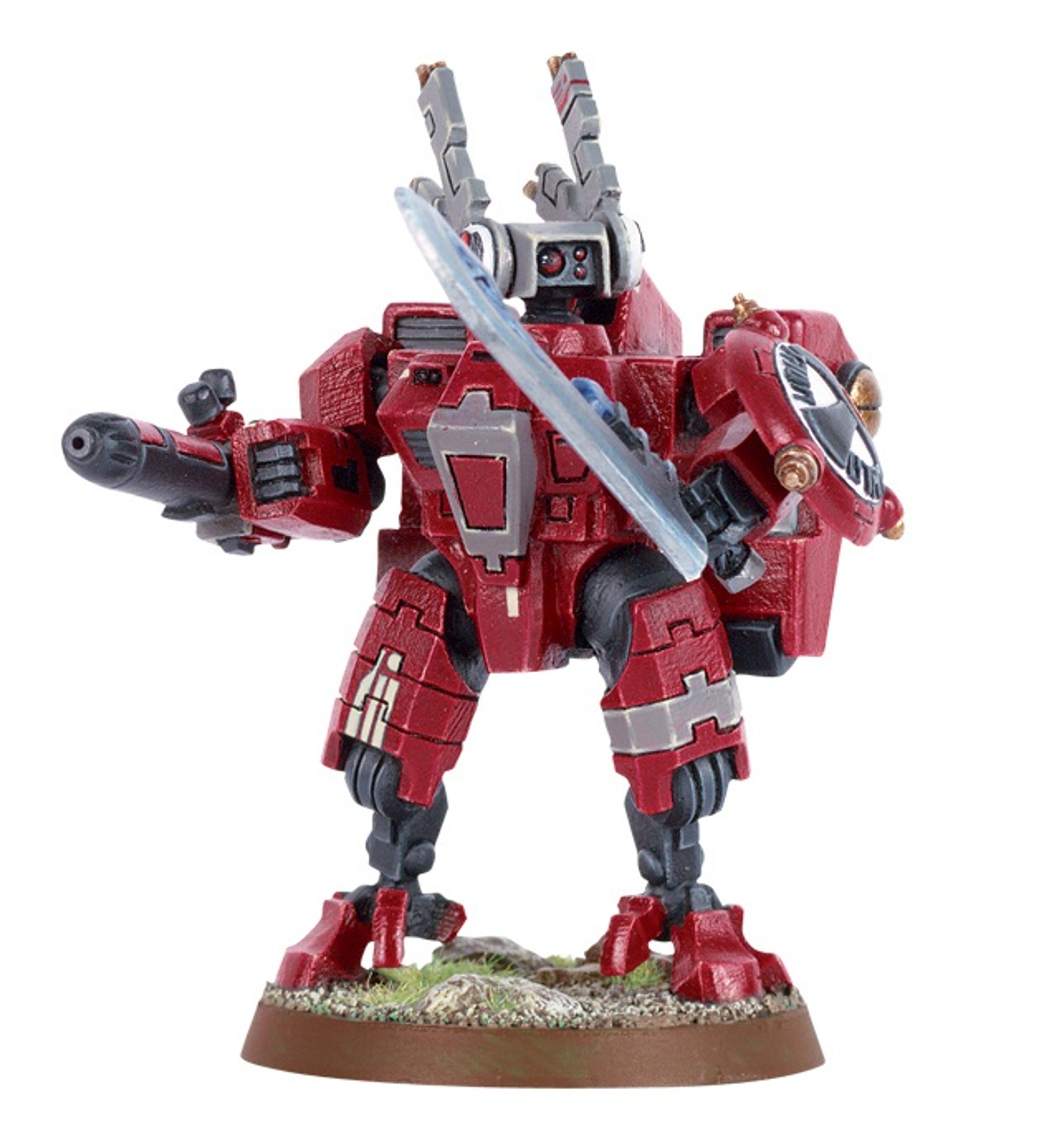 A heavily armored and detailed robotic figure in a red and white color scheme, resembling a humanoid mech or battle suit.