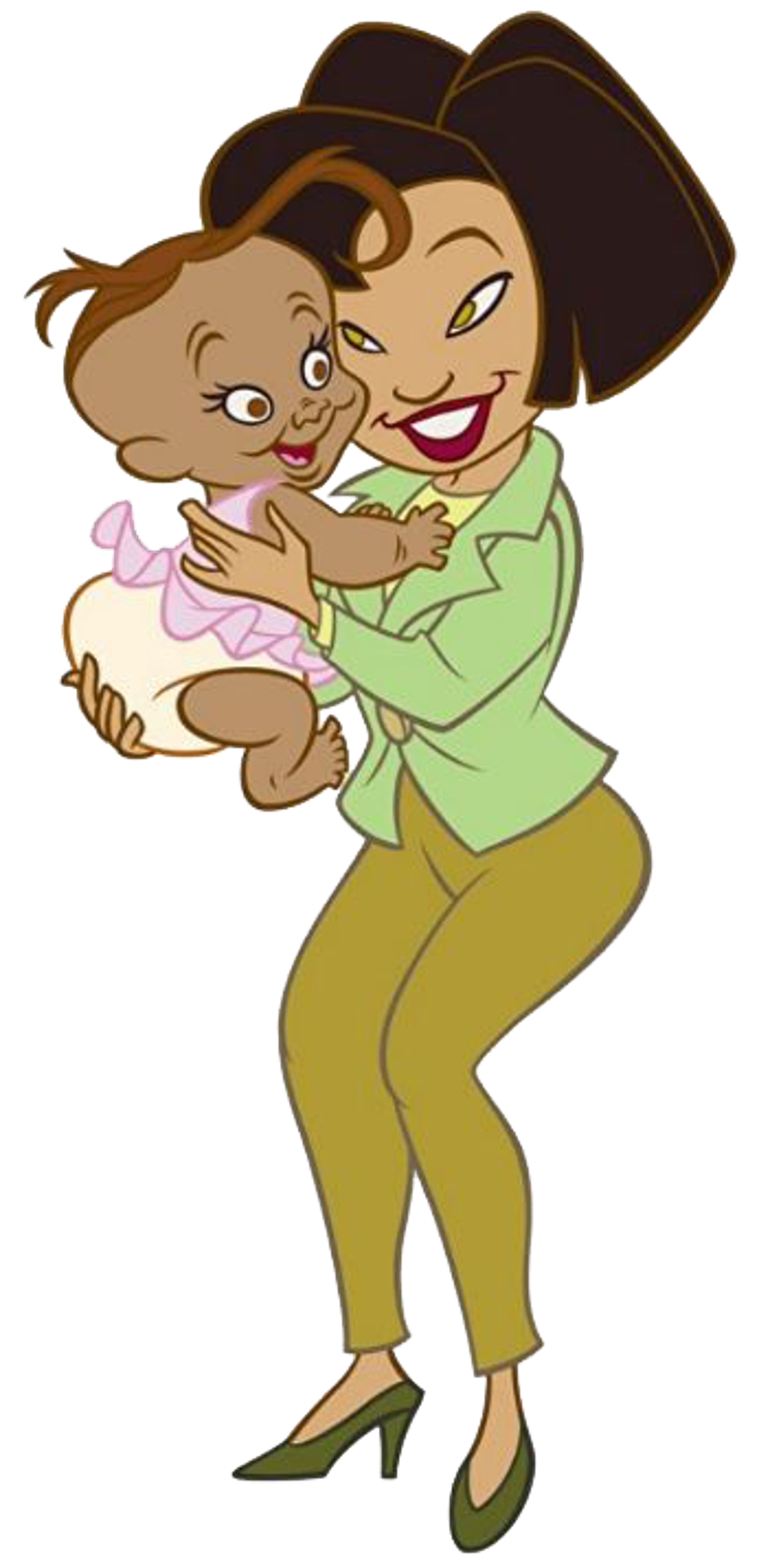 An animated cartoon character named Trudy Proud, a middle-aged African-American woman, embracing a young child.