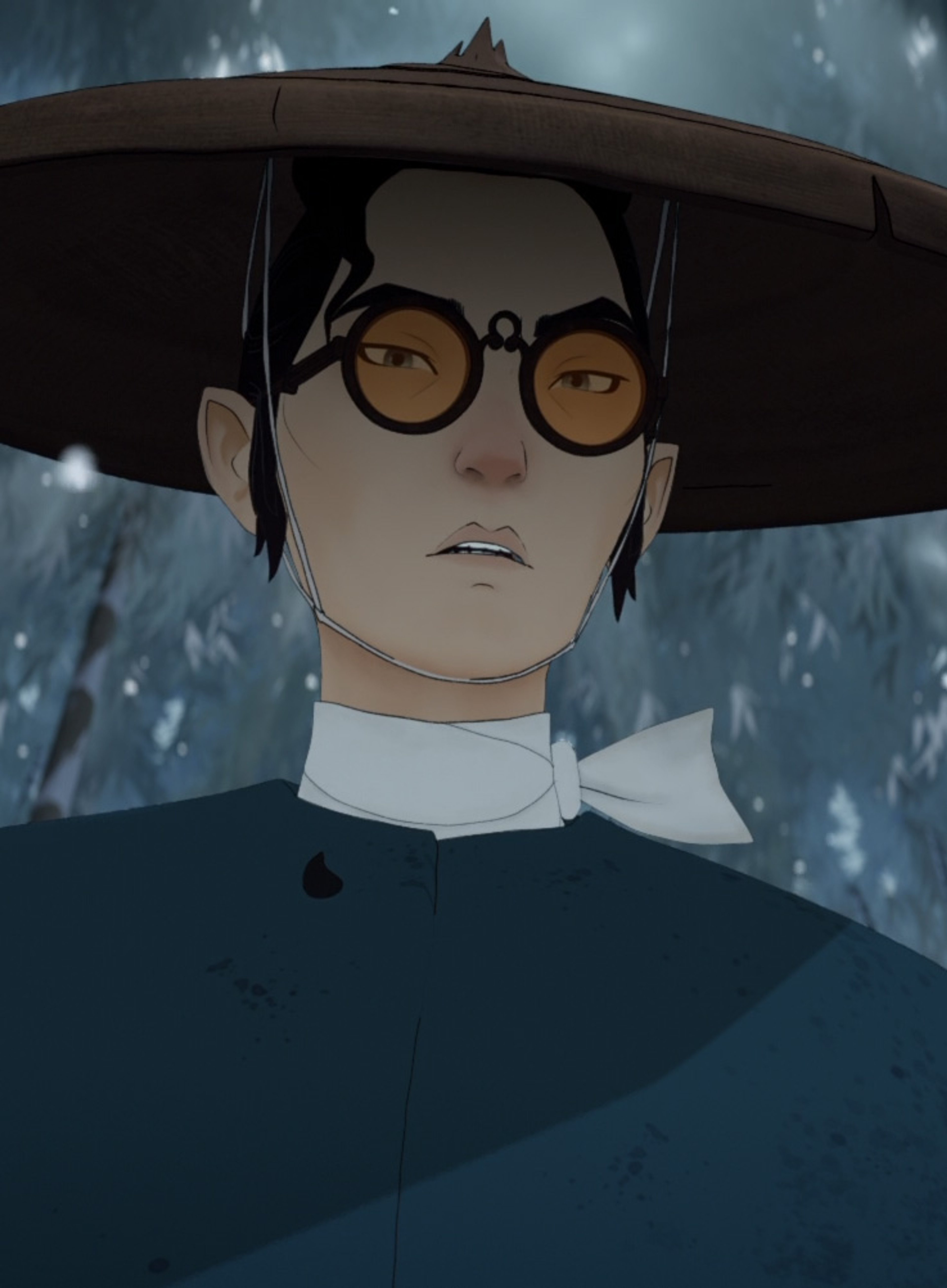 An anime-style character with dark hair, glasses, and a serious expression, wearing a dark suit and tie.