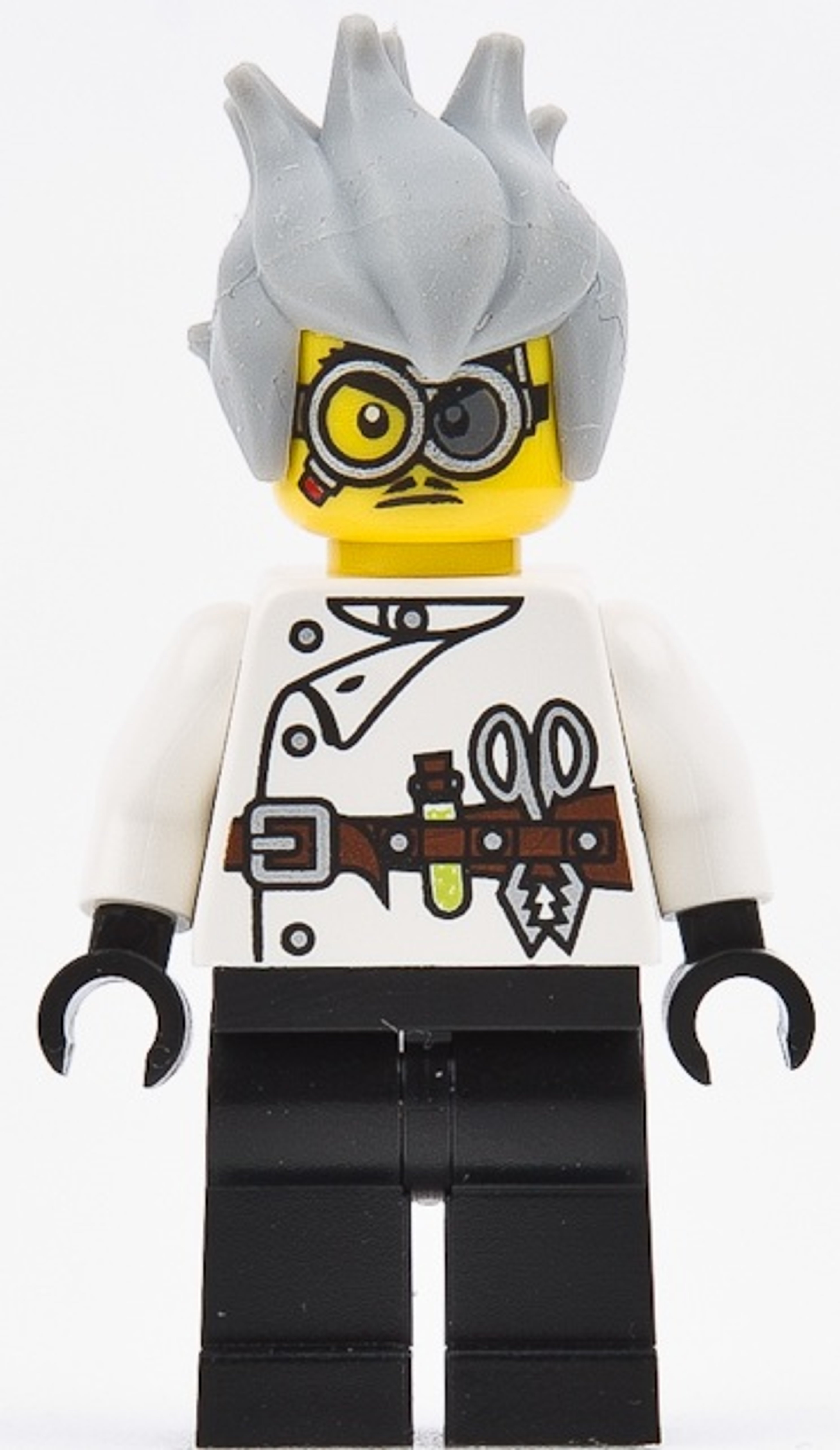 A Lego minifigure of a mad scientist character with a frizzy gray wig, goggles, and a lab coat.