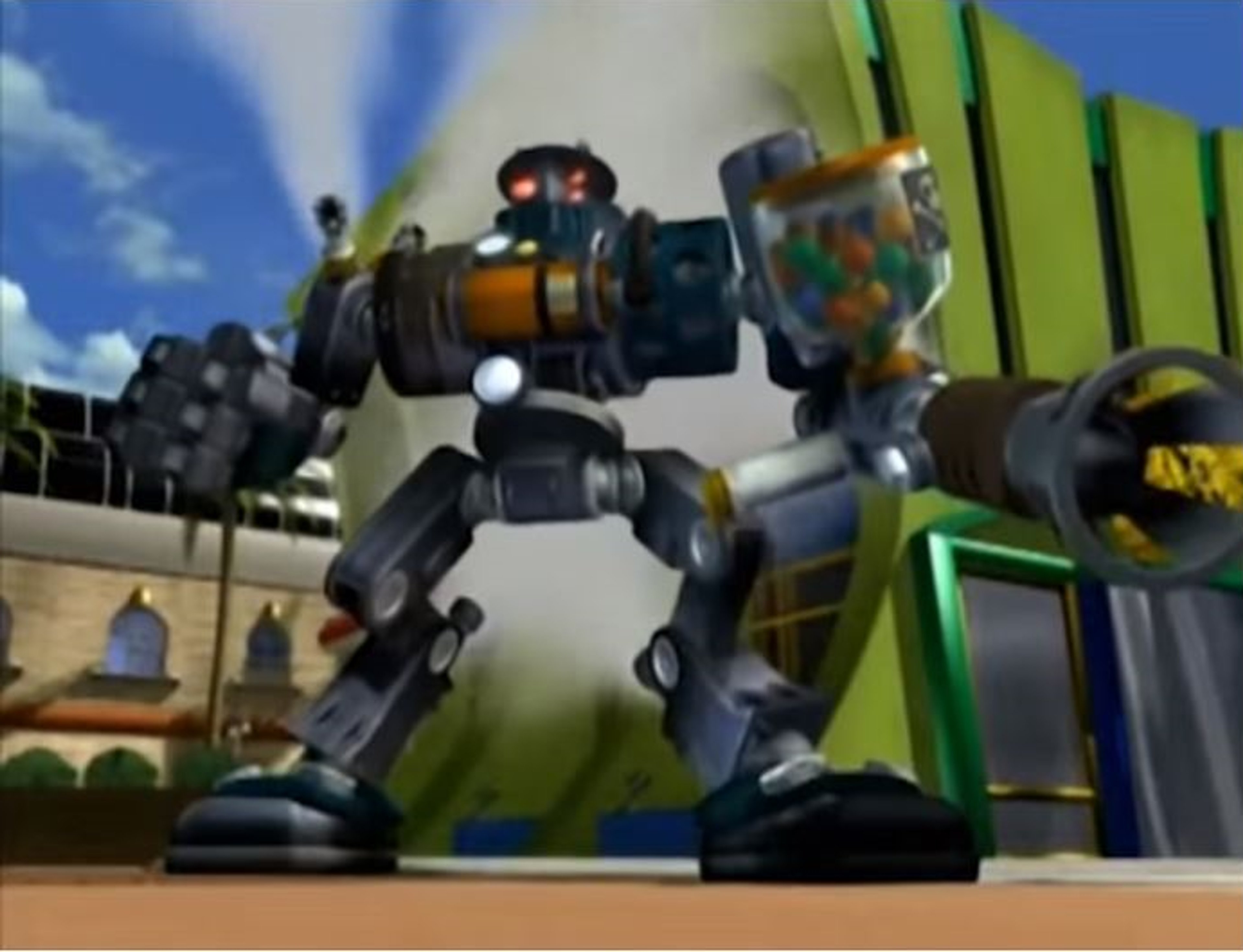 A large, black robotic character with a cannon arm standing in a futuristic outdoor setting