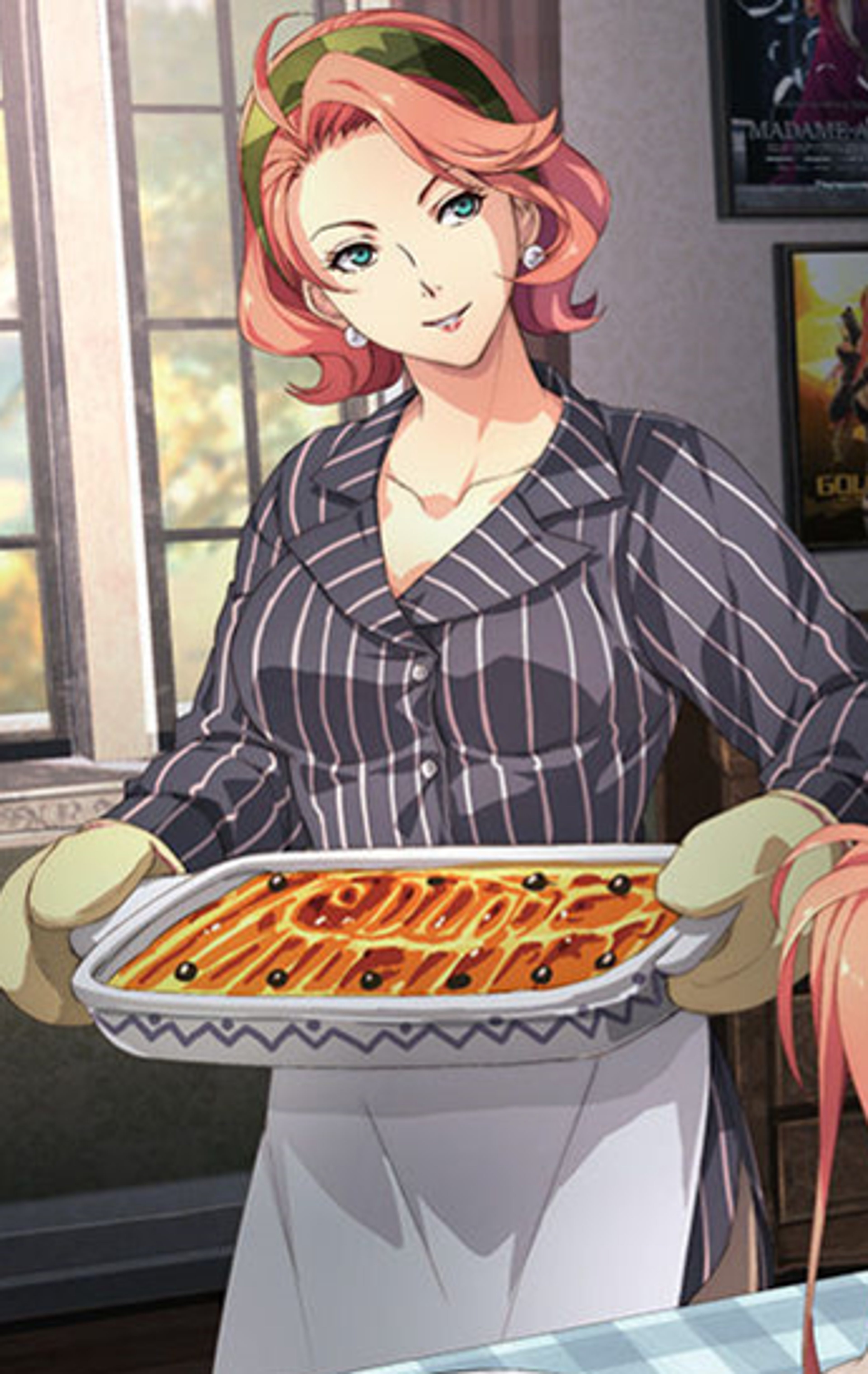 A middle-aged woman with pink hair holding a tray of baked goods in a domestic setting.