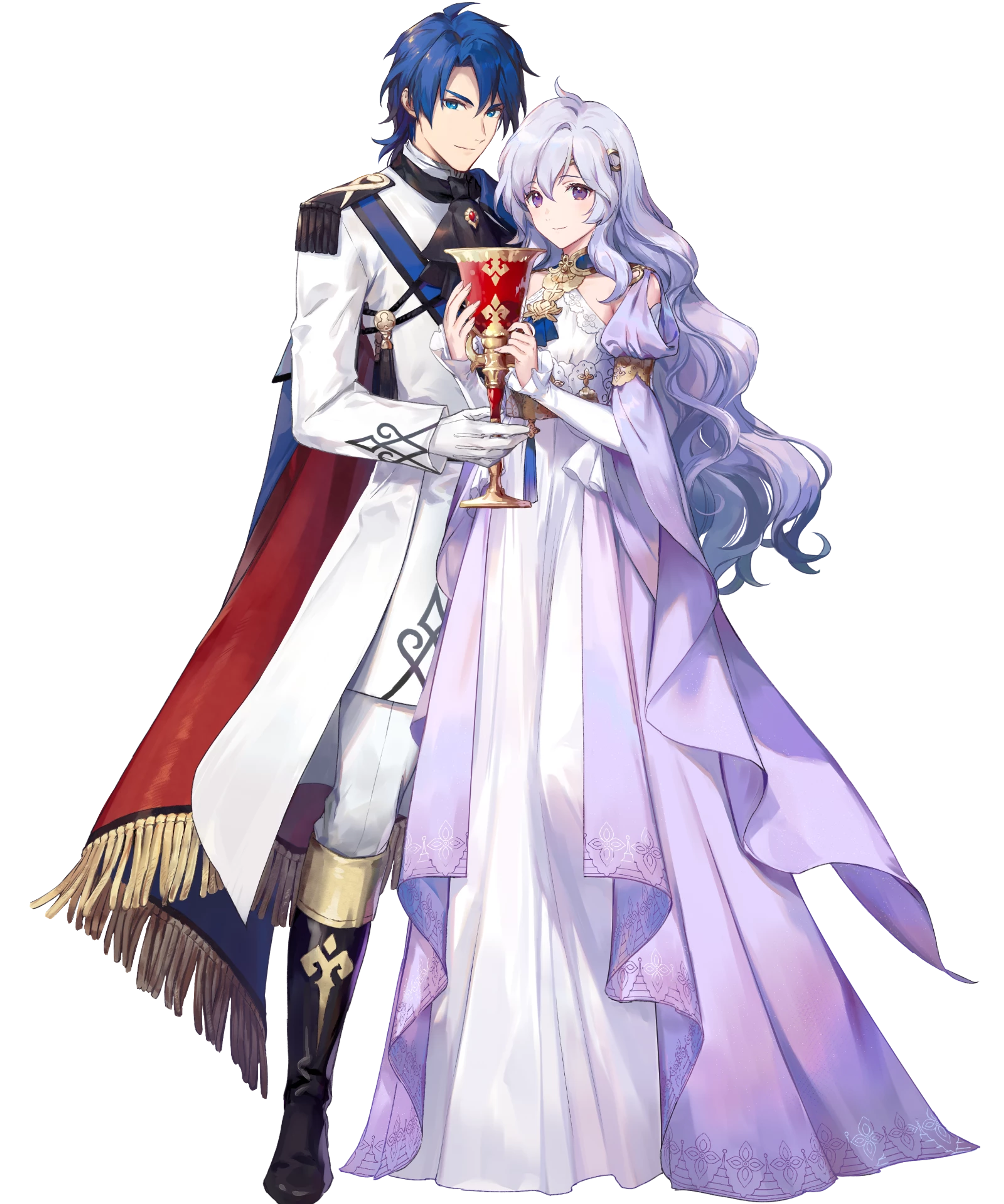 Two fantasy characters, a male knight and a female noblewoman, standing together in a medieval-style setting.