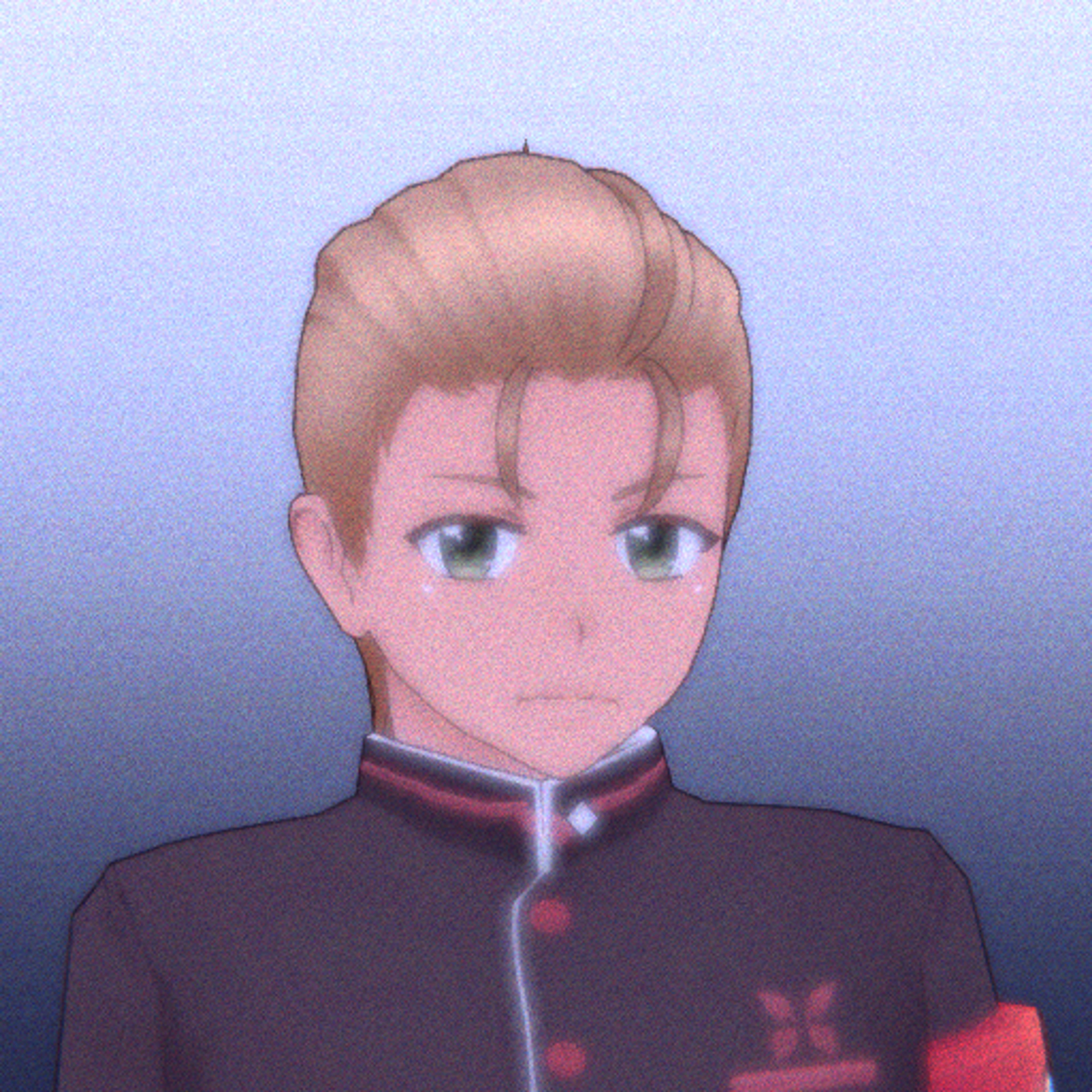 An anime-style character with blond hair, green eyes, and a sports club armband